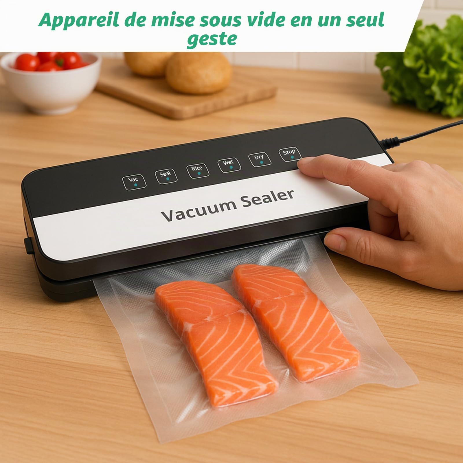 Machine à emballer sous vide | 6 en 1 pour aliments, mode sec/humide, appareil de scellage alimentaire avec sac sous vide
