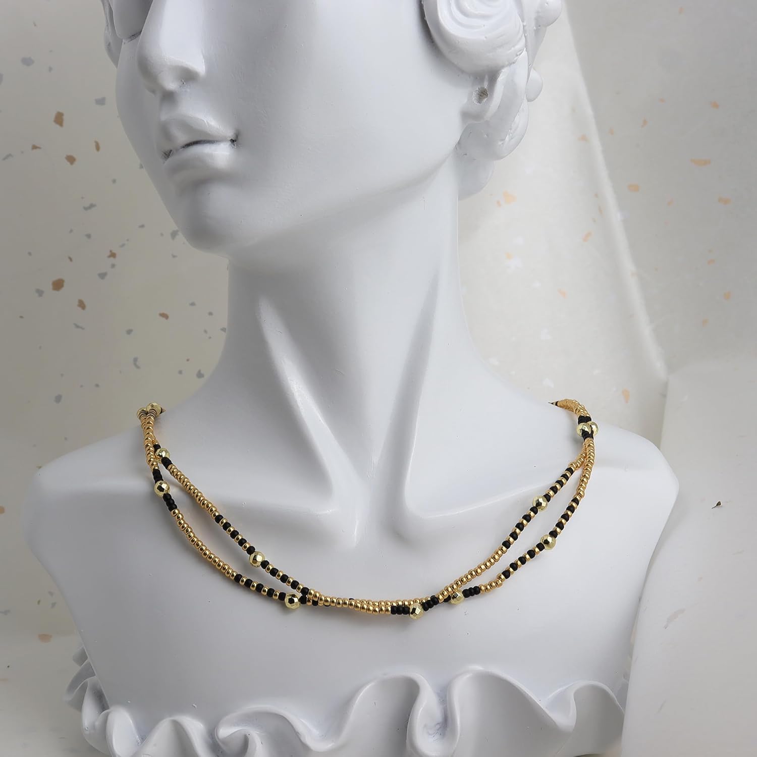 Gold Beaded Gemstone Stackable Stretch Bracelets for Women Girls, Dainty Boho Handmade Black Natural Stone Bead Ball Layered Bracelet Summer Beach Jewelry Gift - Image 5