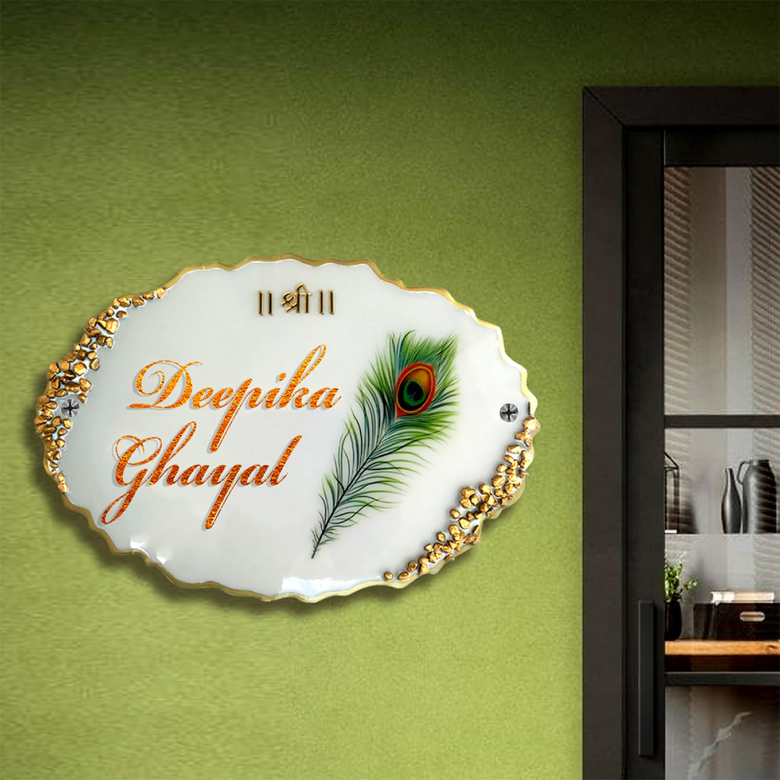 Resin & Acrylic Door Name Plate for Home Entrance | Customized Nameplate for Home, Flat, Bungalow, Outdoor Name Plate for House| Custom Font & Size (Peacock Feather) (13x9 Inch)