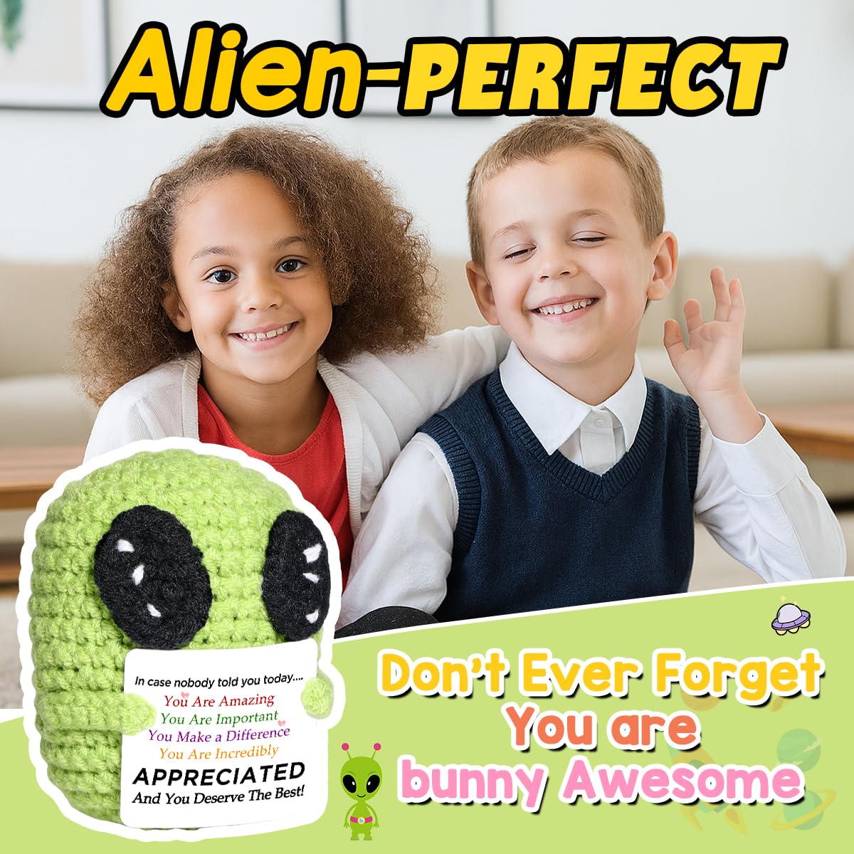 AICase Mini Funny Alien Crochet Gifts,Birthday Gifts for Women Men Presents,Inspirational Small Animals Cute Stuff Things, Handmade Little Reminders Emotional Positive Crochet Nuggets Alien Decor