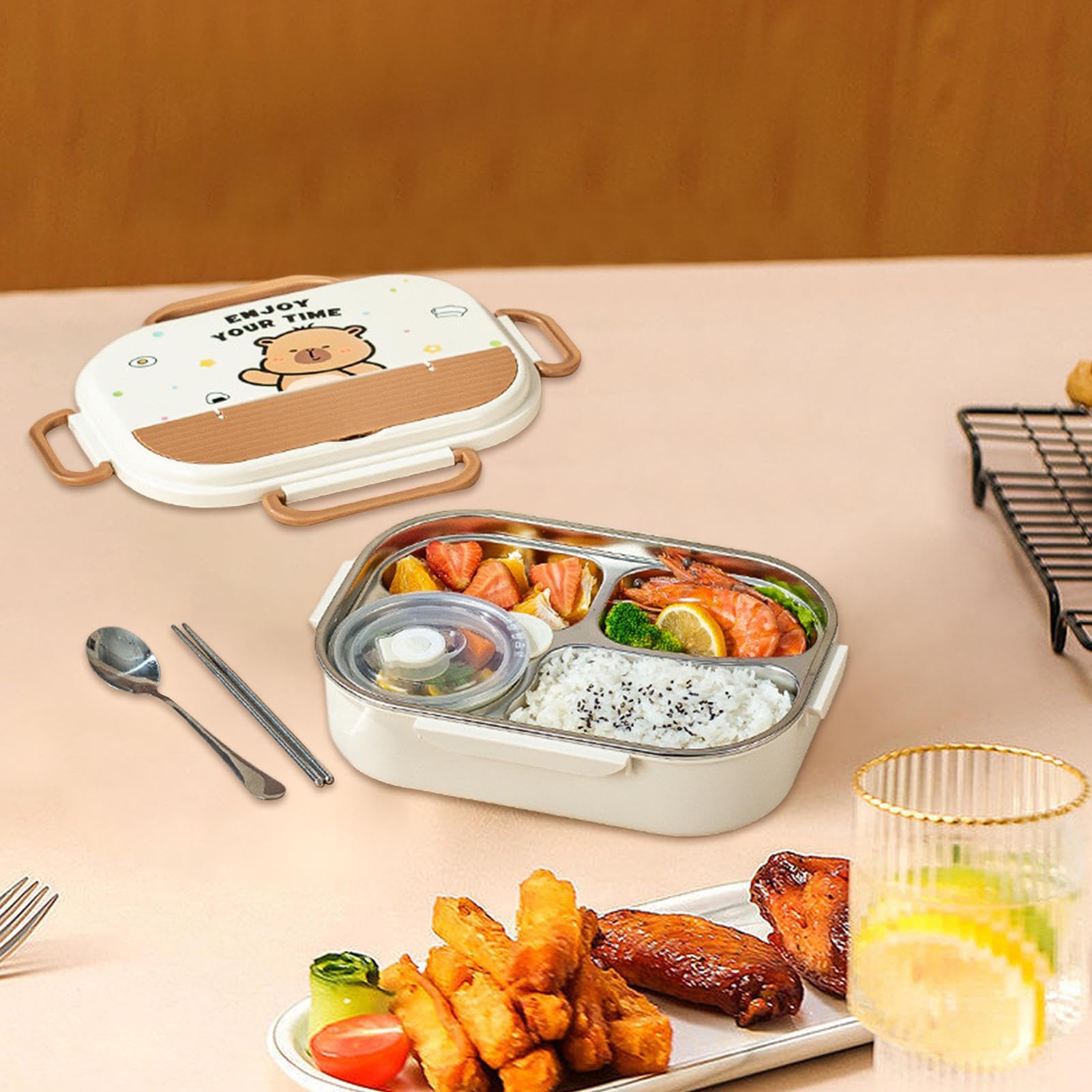 Boîte Repas En Acier Inoxydable Pour ,Boîte Collation Acier Inoxydable 4 Compartiments avec Couverts - Stockage Nourriture Anti-Fuites avec Sac Transport,Pour Sortie Garderie École Bureau Campin