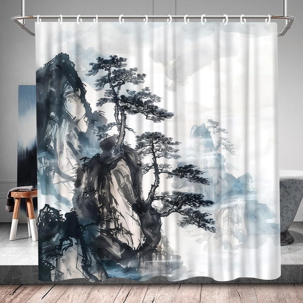 Misty Pine Tree Asian Theme Shower Curtain Traditional Chinese Ink Painting Natural Scenery Decor Fabric Bathroom Set with Hook 70Wx90H Inch