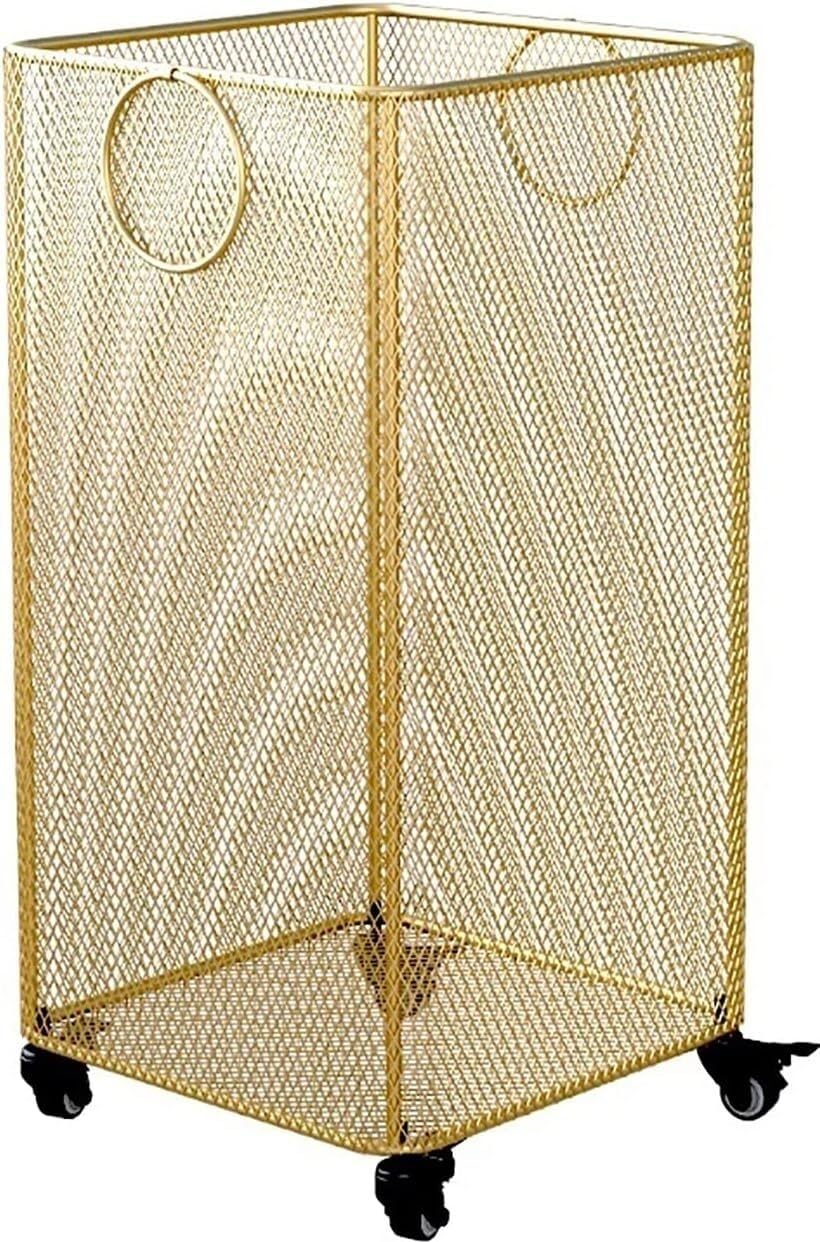 Cesto portabiancheria con ruote, moderno cesto portabiancheria in metallo dorato di lusso, carrello portaoggetti stretto for la biancheria con maniglia, design a rete, contenitore for vestiti o giocat