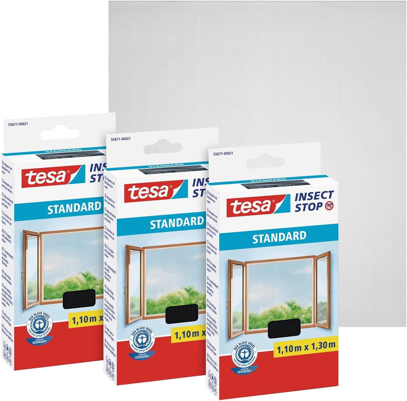 tesa Insect Stop Hook & Loop STANDARD for Windows - Self Adhesive Window Fly Screen - Cut to Desired Size - in Anthracite, 3x 110 cm x 130 cm