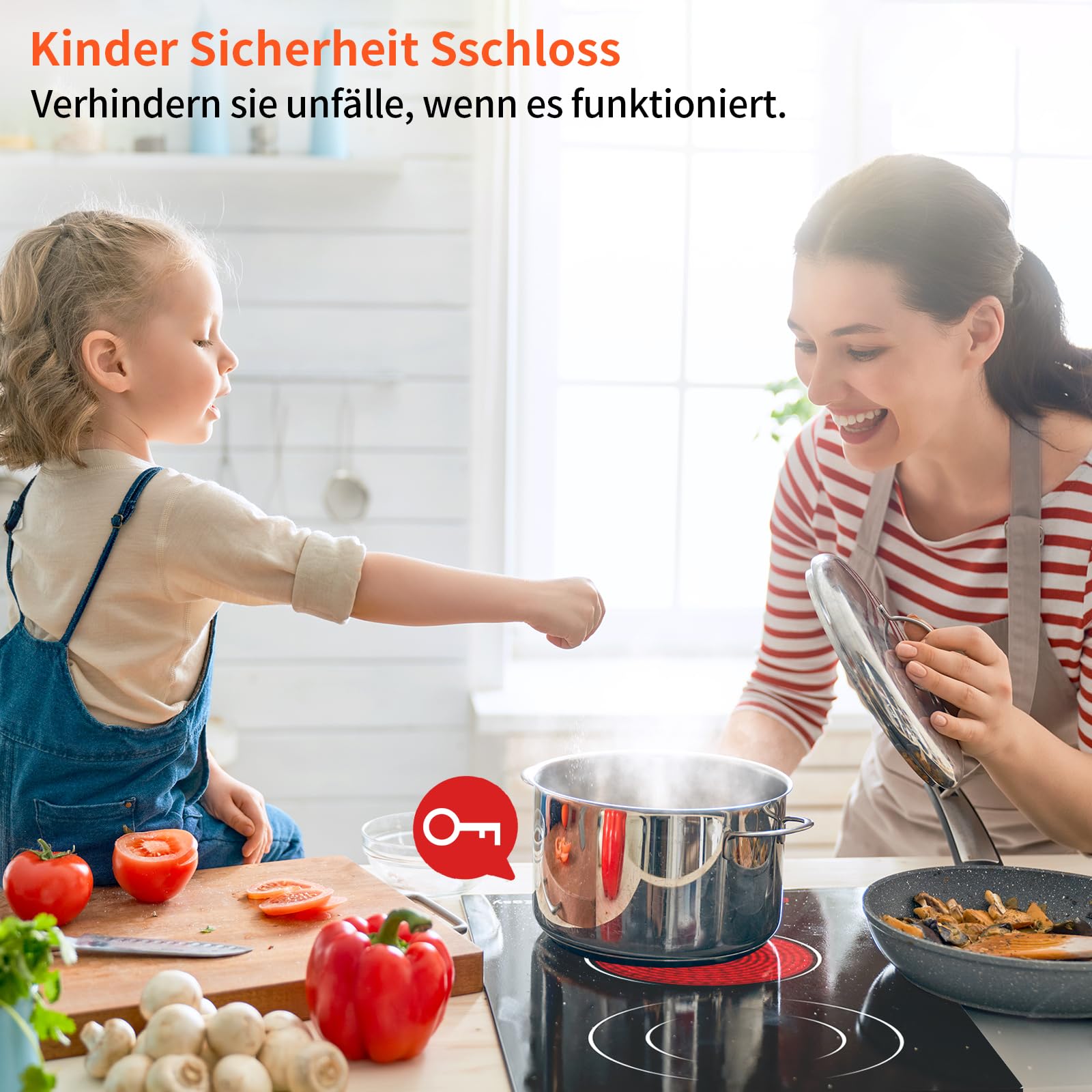 Domino Glaskeramikkochfeld IsEasy Doppel Kochfeld 9 Leistungsstufen Kindersicherung Schwarz Kristallglasoberfläche Timer