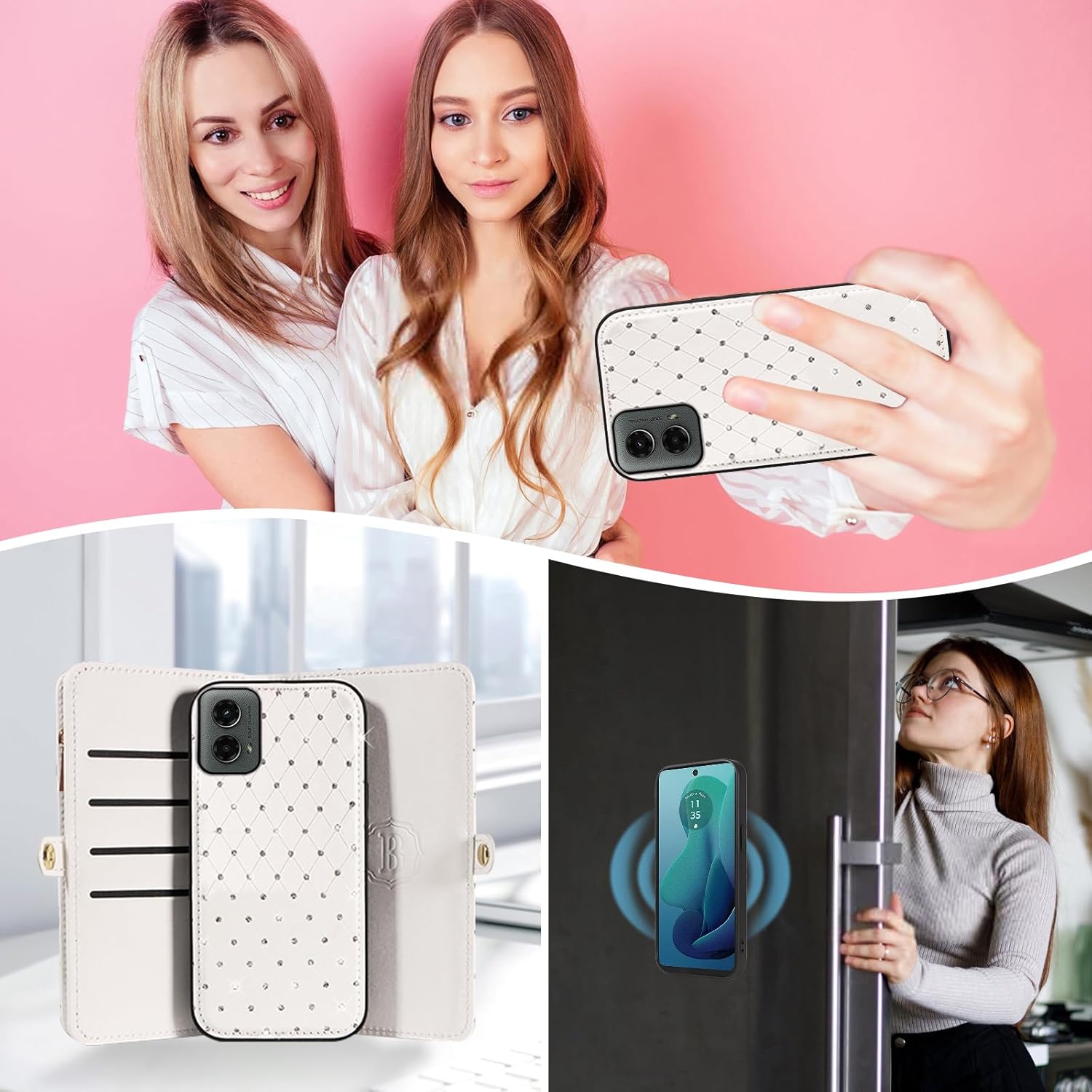 Asuwish Phone Case for Motorola Moto G 5G 2024 Zipper Wallet Detachable Cell Cover with Tempered Glass Screen Protector Crossbody Lanyard Strap Glitter Flip Card Holder Slot G5G 5 G G5 Women Men White