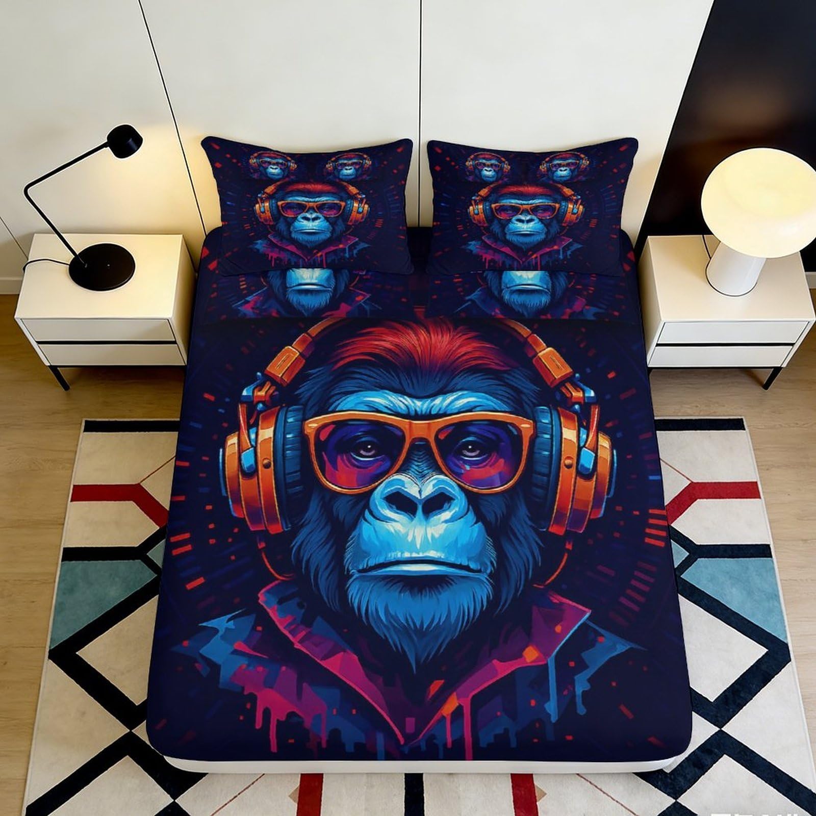 3D Printed Neon Monkey Fitted Sheet Microfiber Soft Breathable Urban DJ Bed Cover for Bedroom Dormitory Guest Room Mattress Protection Decor 160x200x25cm