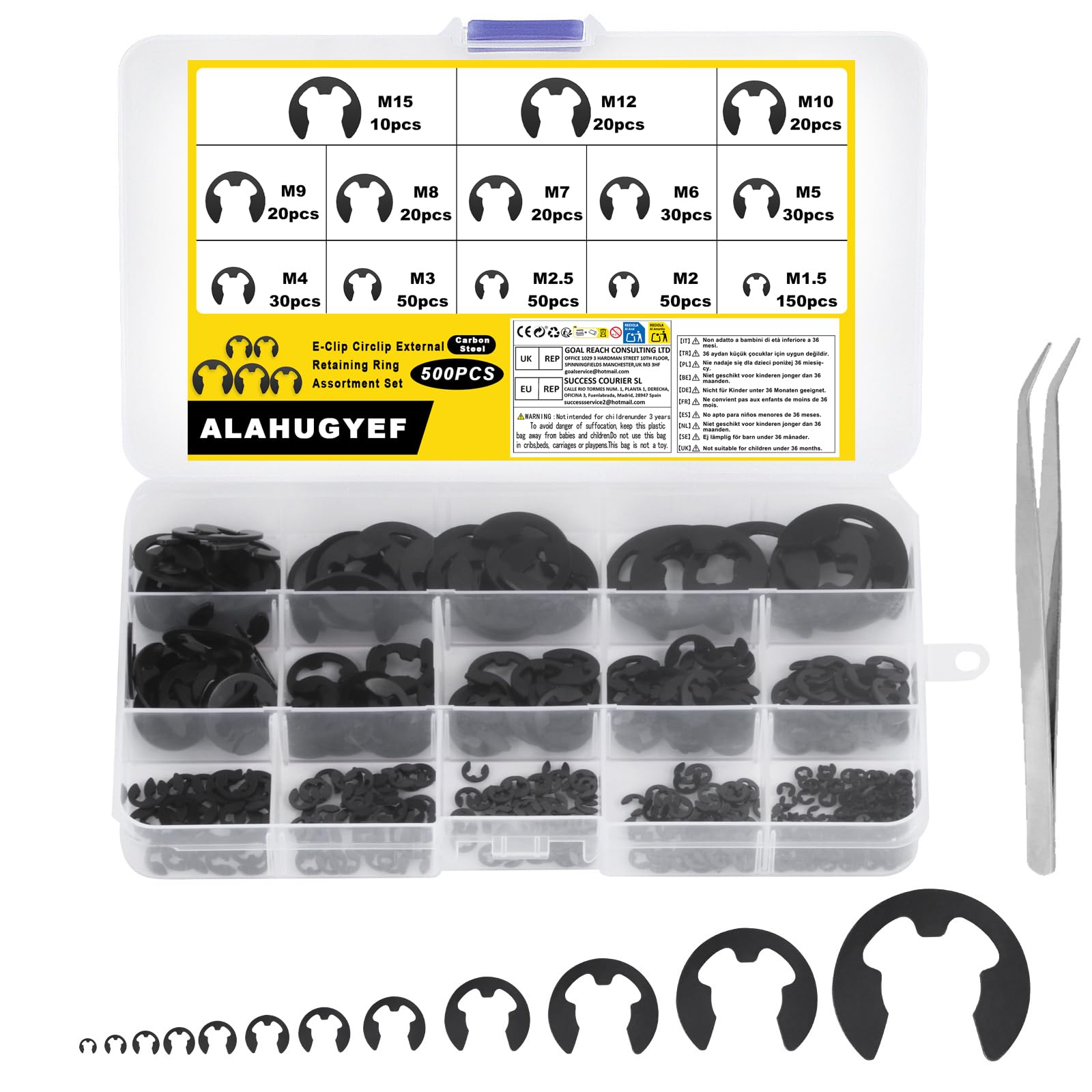 500 Pcs Circlips Kit for Circlip Pliers, External Retaining Ring Clips, Internal External Snap Opening Ring Circlips Kit, 13 Sizes