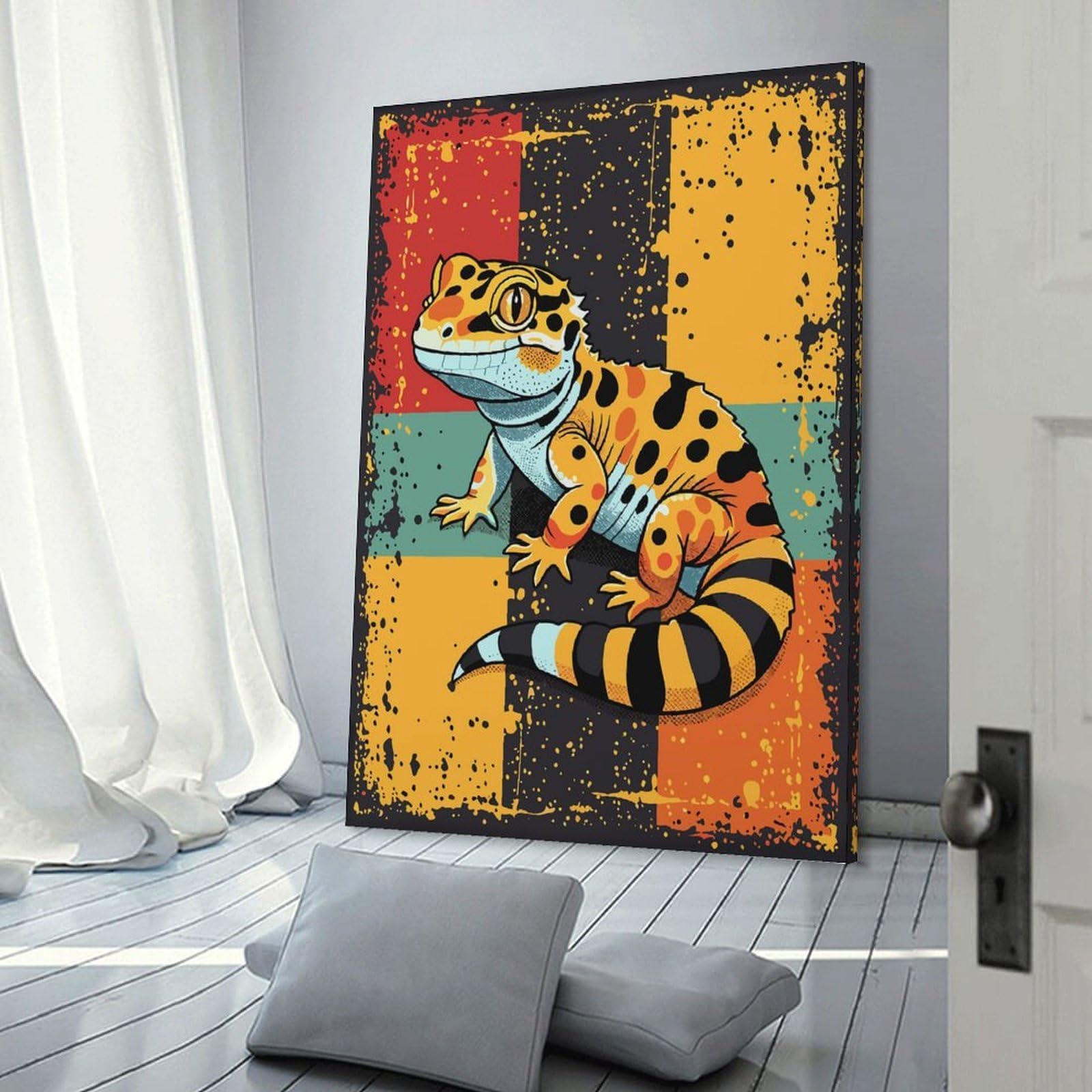 Junmoney Cartoon Gecko with Retro Background Wall Art Print 24x36inch(60x90cm), for Gallery Wall Layouts in Home Or Office, An Easy Match for Collected Prints