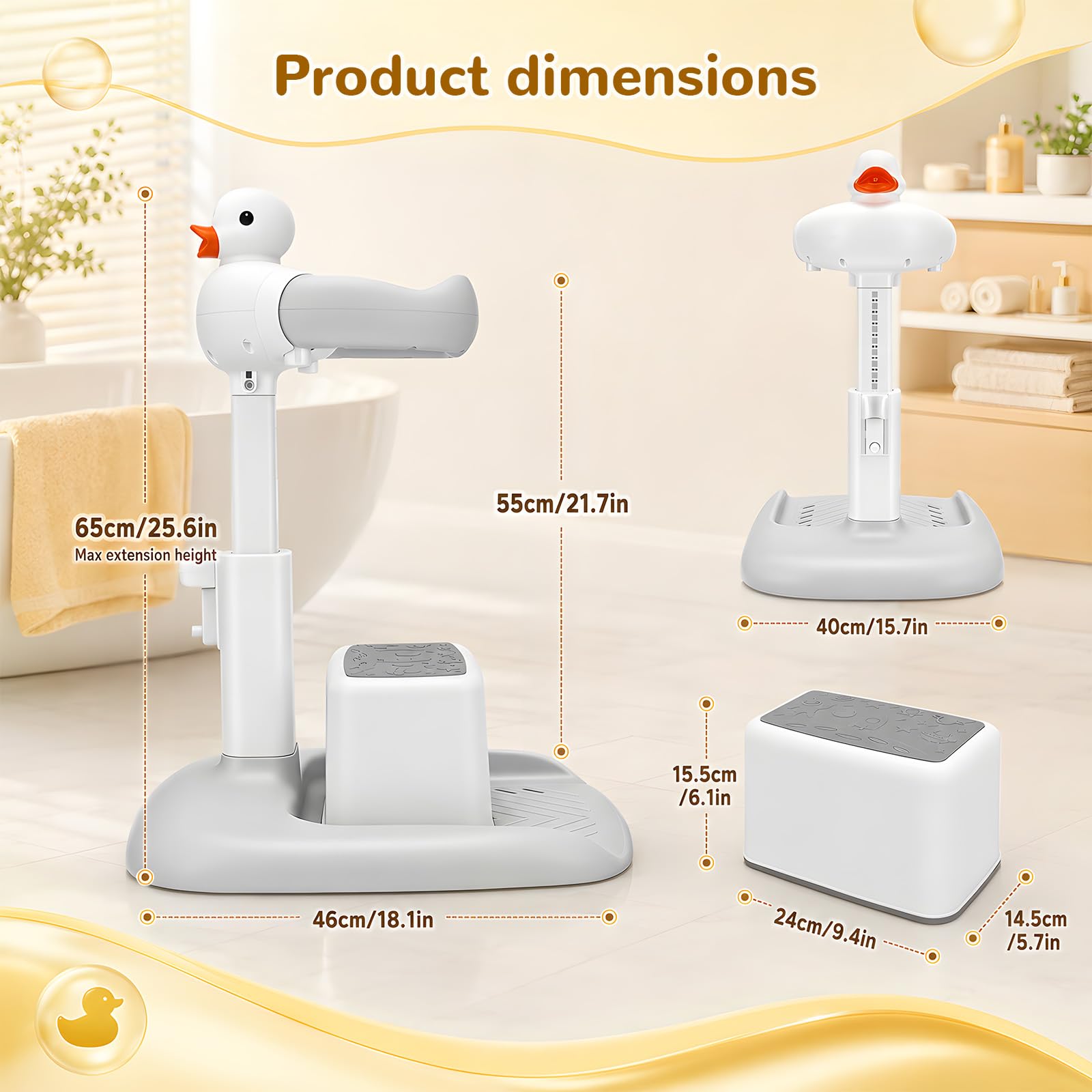 Supporto Doccia Bambini in Piedi con Bracciolo Semiautomatico, Altezza Regolabile 45-63 Cm, Sedile Doccia Antiscivolo, Schienale Ergonomico, Base Stabile, Include Papera Squittente (Grigio-Bianco)