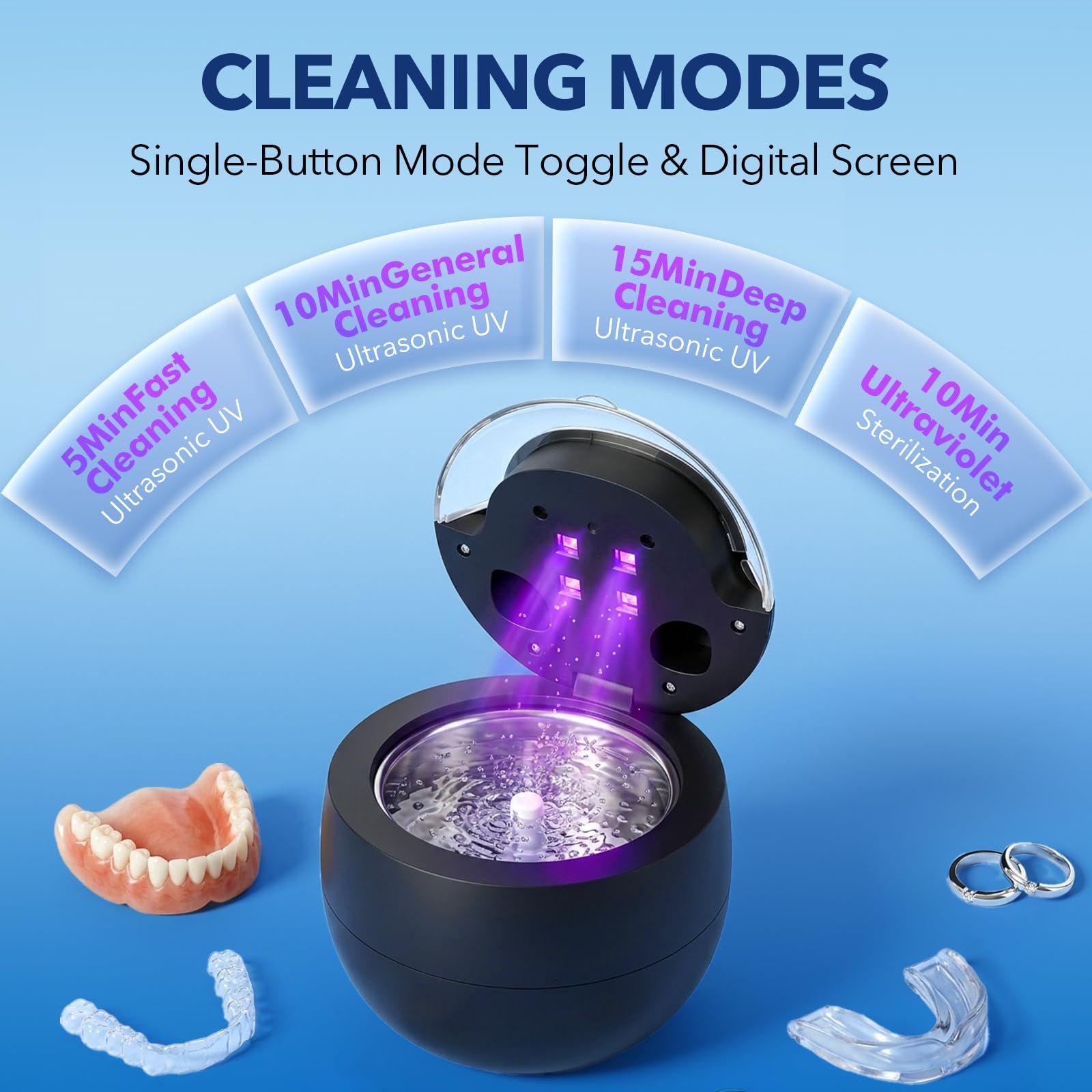 Nettoyeur Ultrasonique Dentaire avec UV 4 Modes de Nettoyage Machine de Nettoyage pour Prothèses Dentaires, Gouttières, Appareils Dentaires, Bijoux et Montres, Réservoir 200 ml