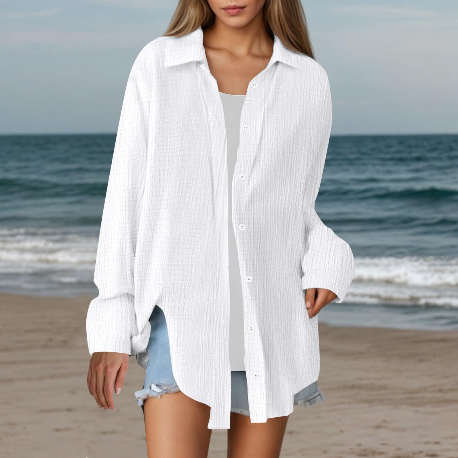Camisas de lino con cuello abotonado para mujer, color sólido, a la moda, casual, de manga larga, de muselina, holgadas, ligeras, de lino, algodón, talla grande, gasa de primavera