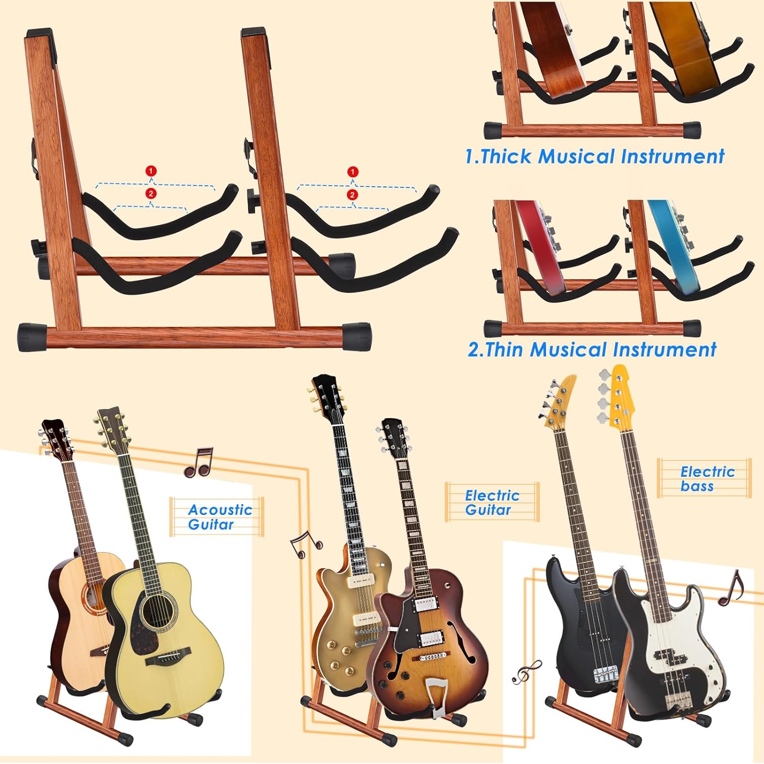 MOREYES Double Guitar Stand, Acoustic Guitar Stand for Multiple Guitars, Folding A-Frame Electric Guitar Stand, Wooden Guitar Stands Floor For School Music Program, Concerts, Easy to Assemble