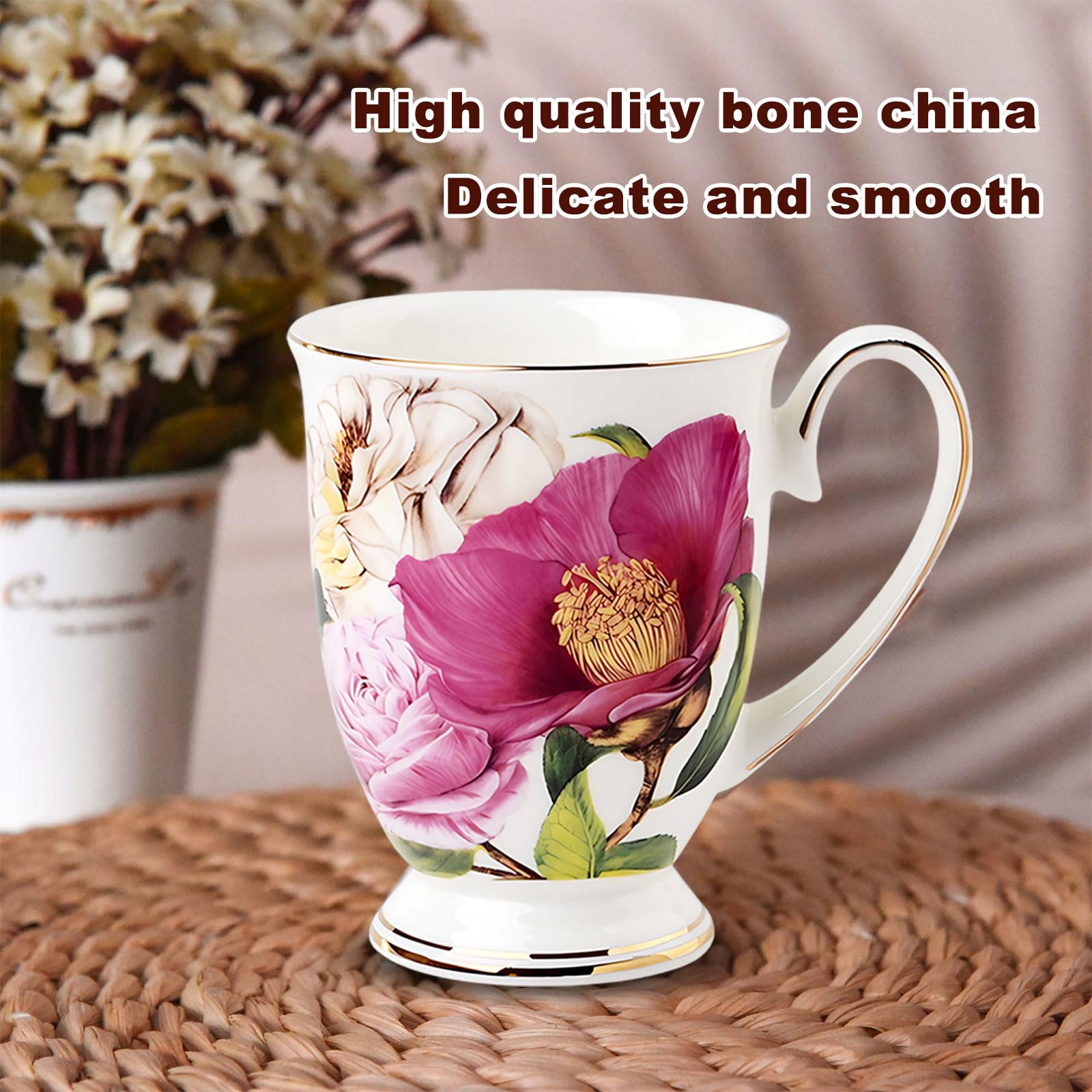 Lot de 4 tasses à café de 312 ml en porcelaine anglaise avec motif floral, grandes tasses à thé, café et chocolat chaud, idéales pour les cadeaux