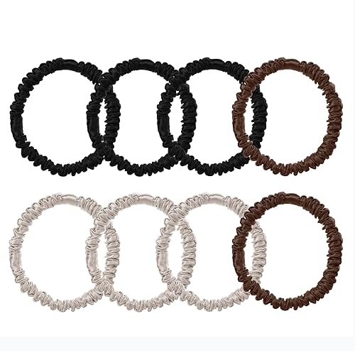 Juego de 8 piezas de coleteros de seda de morera 100% pura, para mujeres y niñas, cabello rizado, grueso, fino, negro, lindo satén para dormir