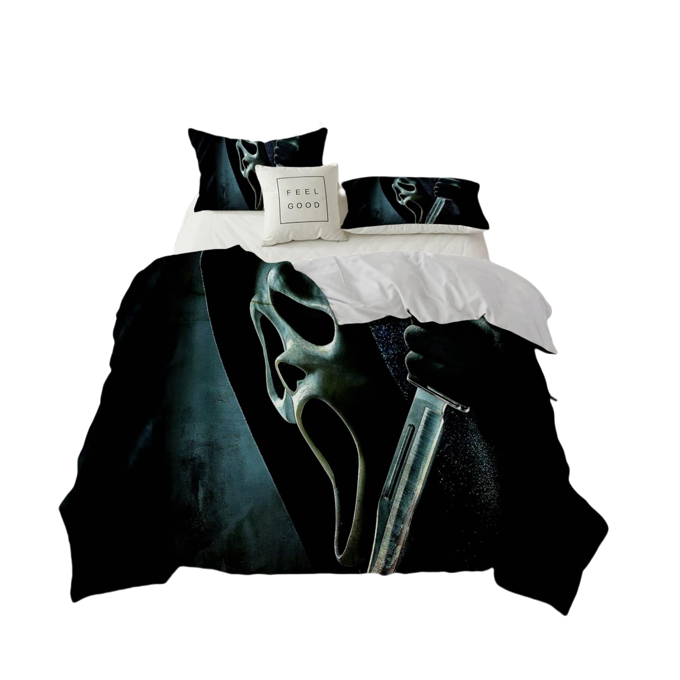 DLAYLQZG Horror Movie Halloween Skeleton Duvet Cover Black Cloak of Death Scythe Spectre Bedding Set 3Pcs Microfiber Screaming Skull Mask Quilt Cover with 2 Pillowcase (Black1,Double 200x200cm)