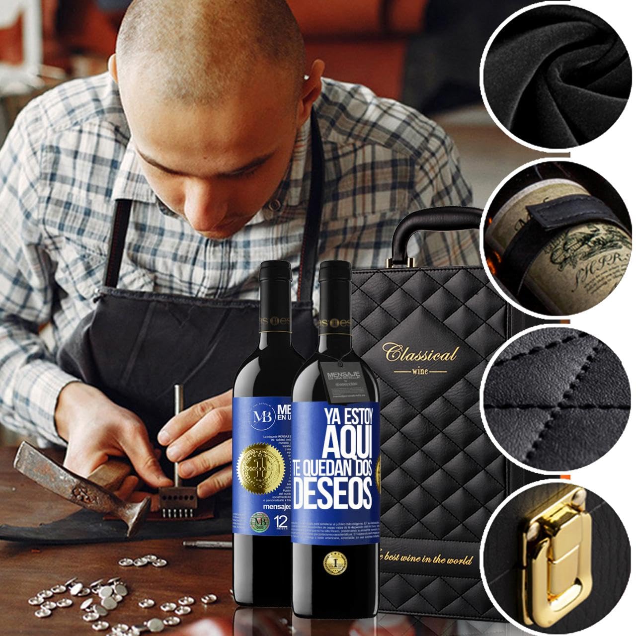 «Ya estoy aquí Te quedan dos deseos» Mensaje en una Botella. Estuche-Maletín de LUJO 2x Vino Tinto Premium Reserva 12 Meses y Set de 4 Accesorios. Etiqueta Azul PERSONALIZABLE