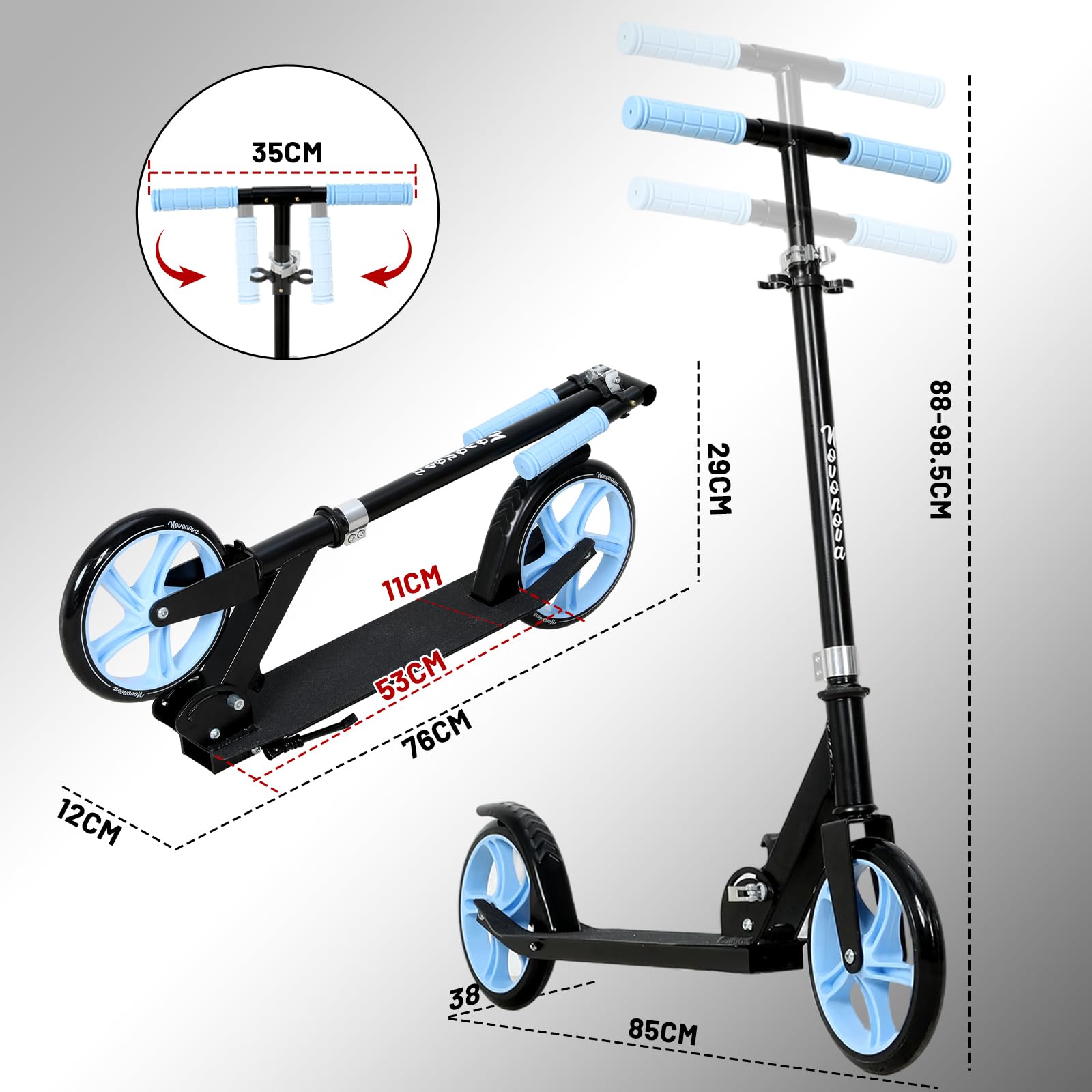Patinete Scooter Plegable, Patinetes para niños y niñas, 9-14 años con Manillar Ajustable 88-98.5cm, Patinete con 2 Ruedas Grandes 200mm y Freno Posterior, Máx. 100kg