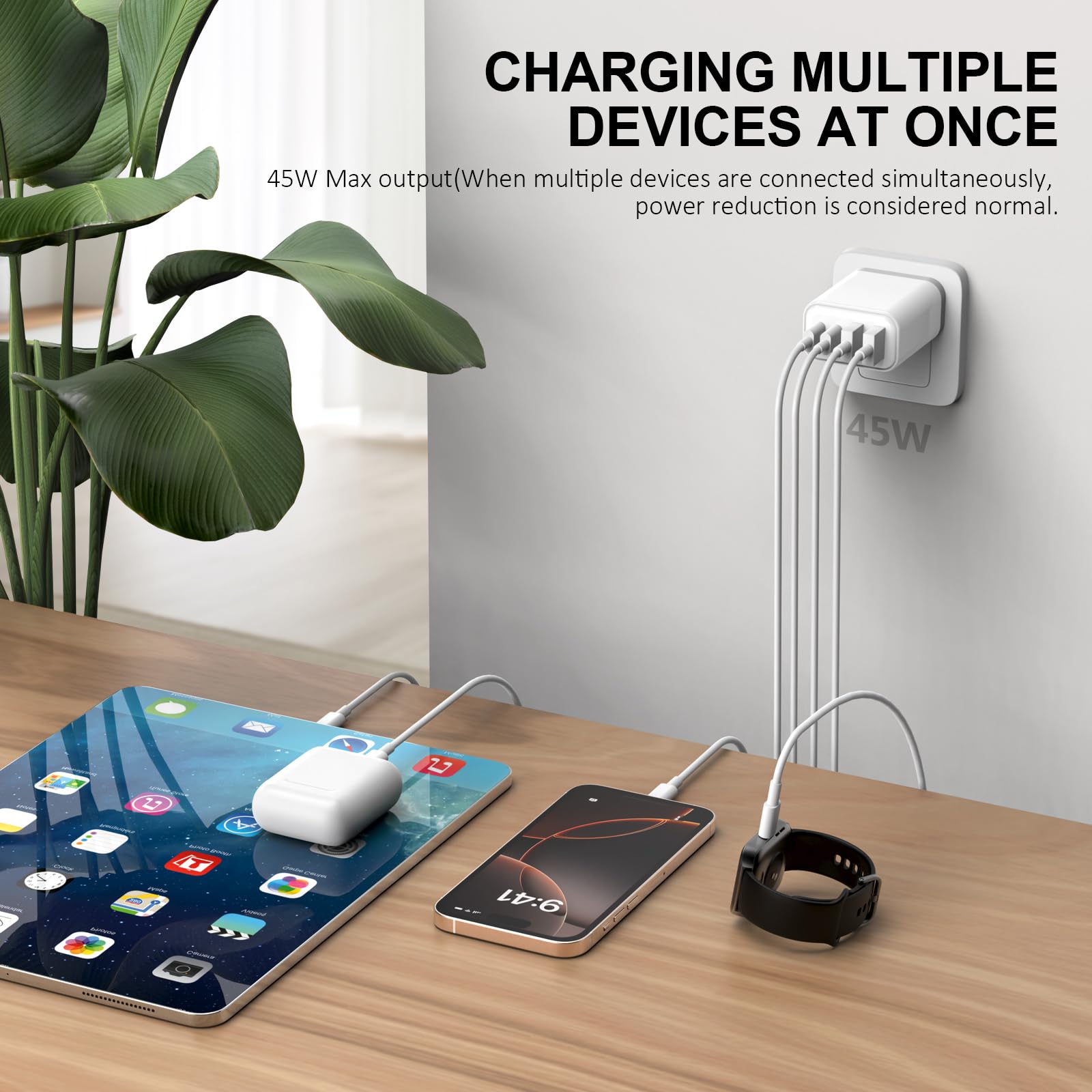 Caricatore USB C Alimentatore - 45W Presa Rapido Replacement for iPhone 16 15 14 13 12 11 Pro Max Plus Mini SE 2020 XS XR,Pad,4-Port USB C Spina Caricabatterie Carica Batterie USBC Cellulare