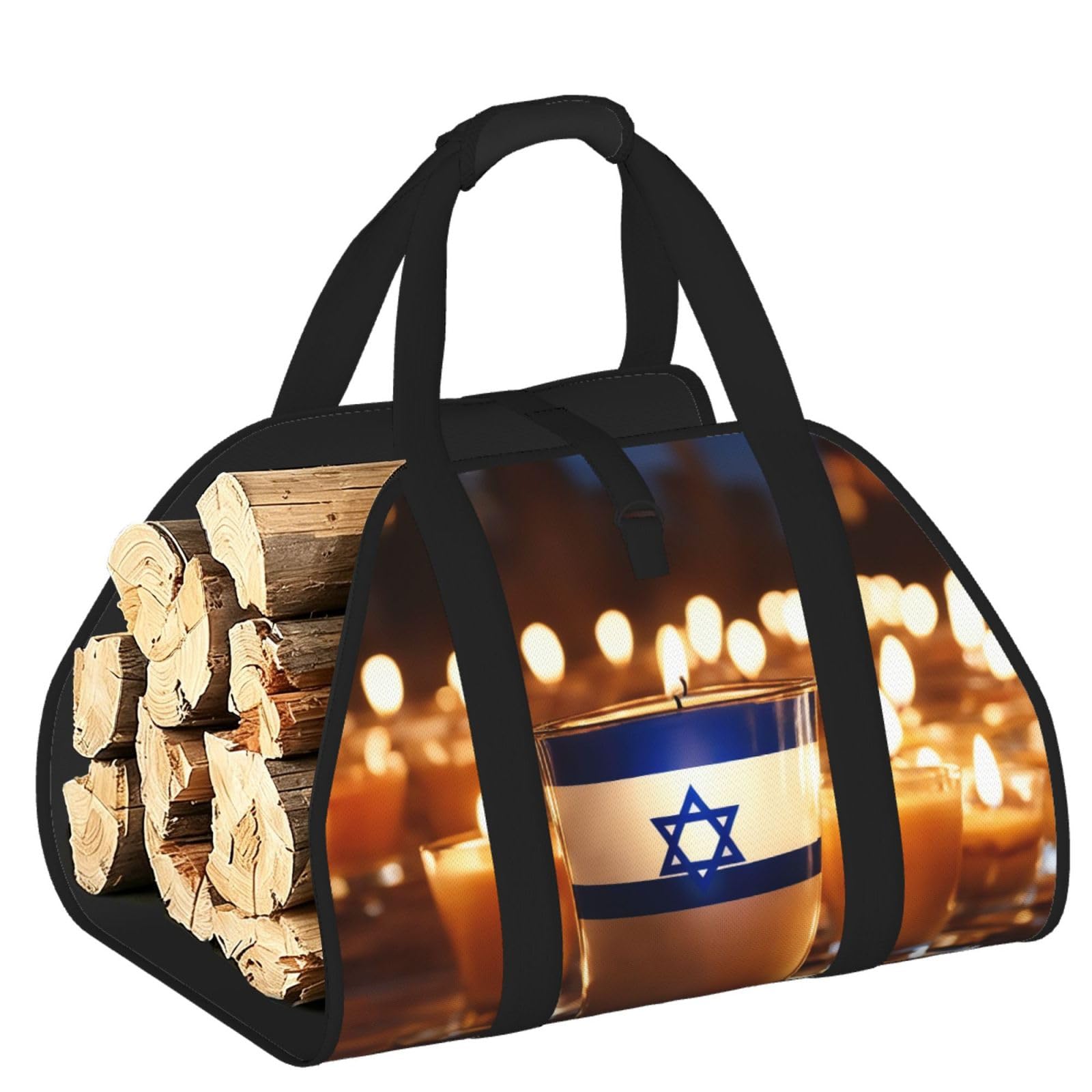 Ayyqwe Black Israeli Flag Print Firewood Bag Wood Waterproof Versatile Camping Picnic Storage Daily Home