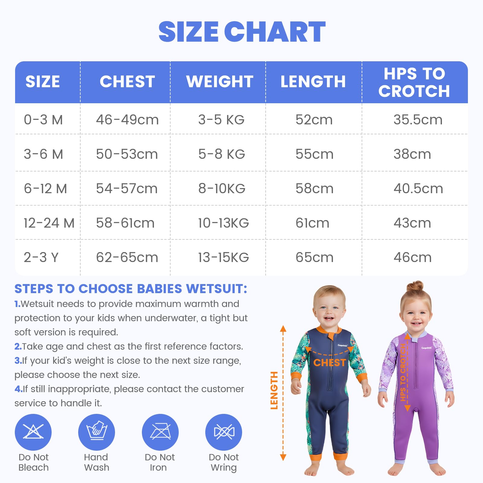 Gogokids Combinaison en néoprène pour bébé de 0 à 3 ans - Maillot de bain thermique - Fermeture éclair à l'avant - Avec doublure en polaire - Manches longues - Protection contre le soleil et la