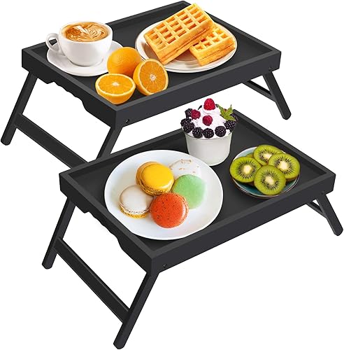 Artmeer Mesa de cama con patas plegables, desayuno de bambú en la cama para mesa de TV, bandeja de computadora portátil, comer, bandeja de