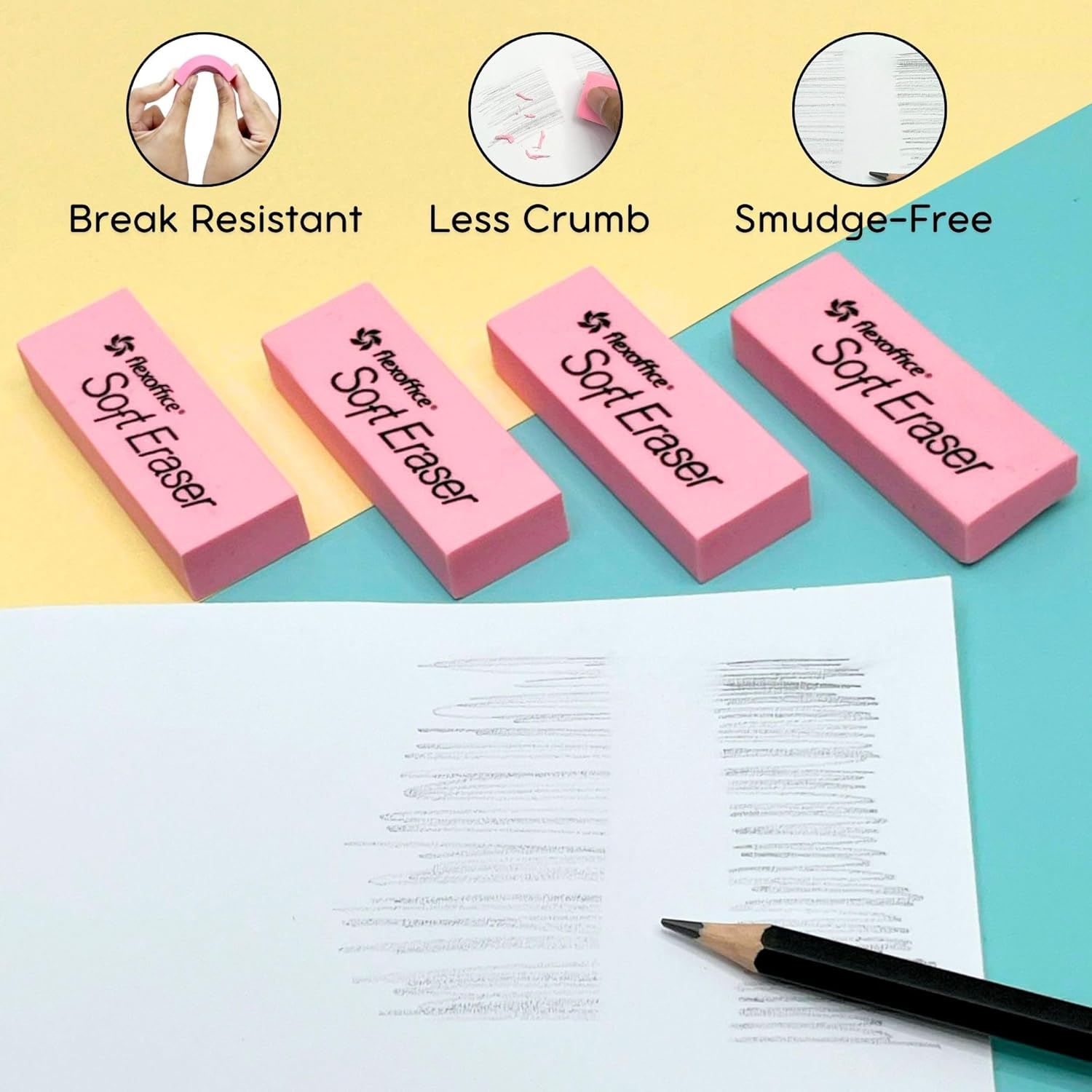 FlexOffice Pink School Erasers 120 Count - Large Bulk Erasers for Students, Teachers, Classroom Supplies & Test Taking