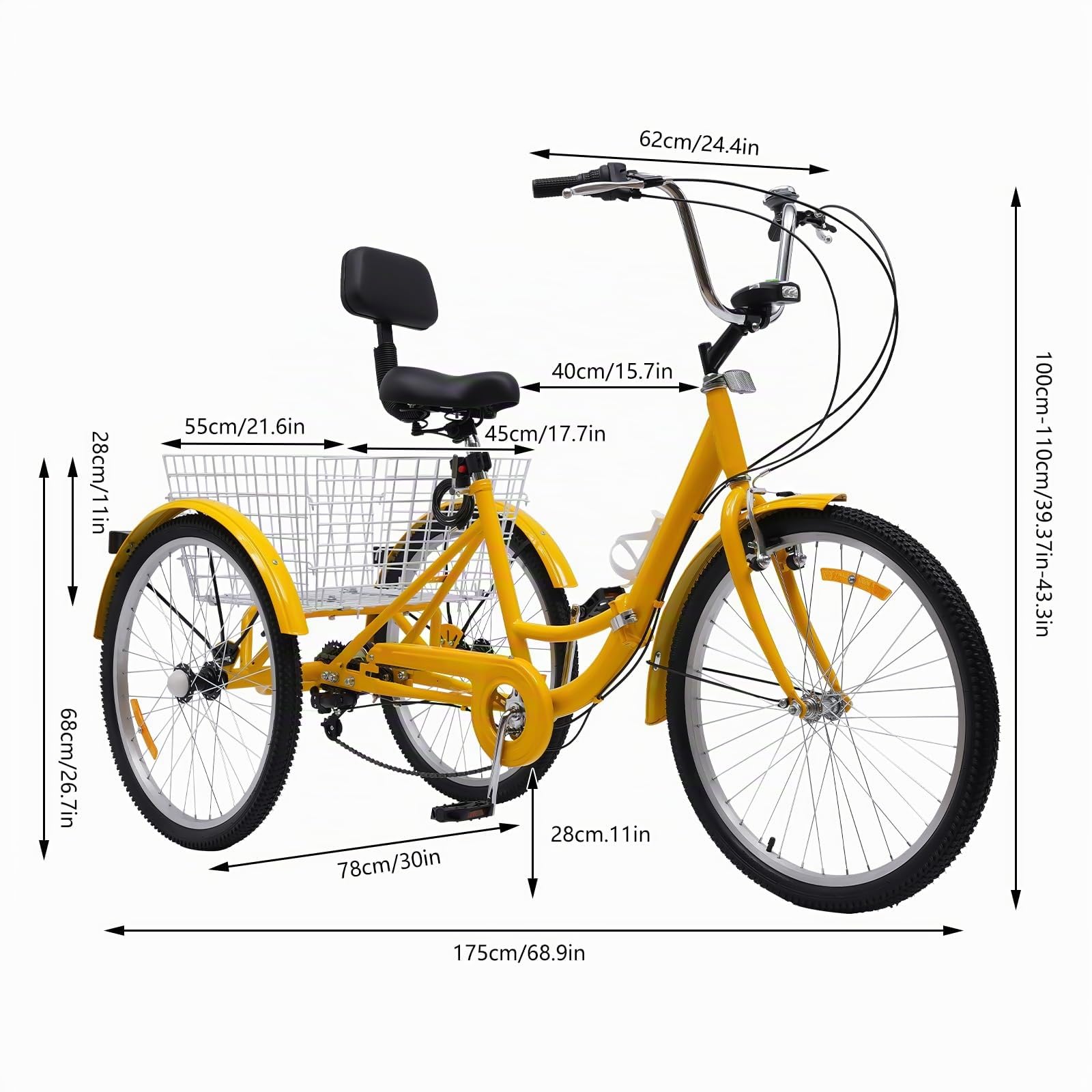 Triciclo para adultos de 24 pulgadas plegable, 3 ruedas de 7 velocidades, bicicleta para adultos, triciclo para adultos, triciclo, bicicleta de crucero, con luz LED, cesta de verduras,