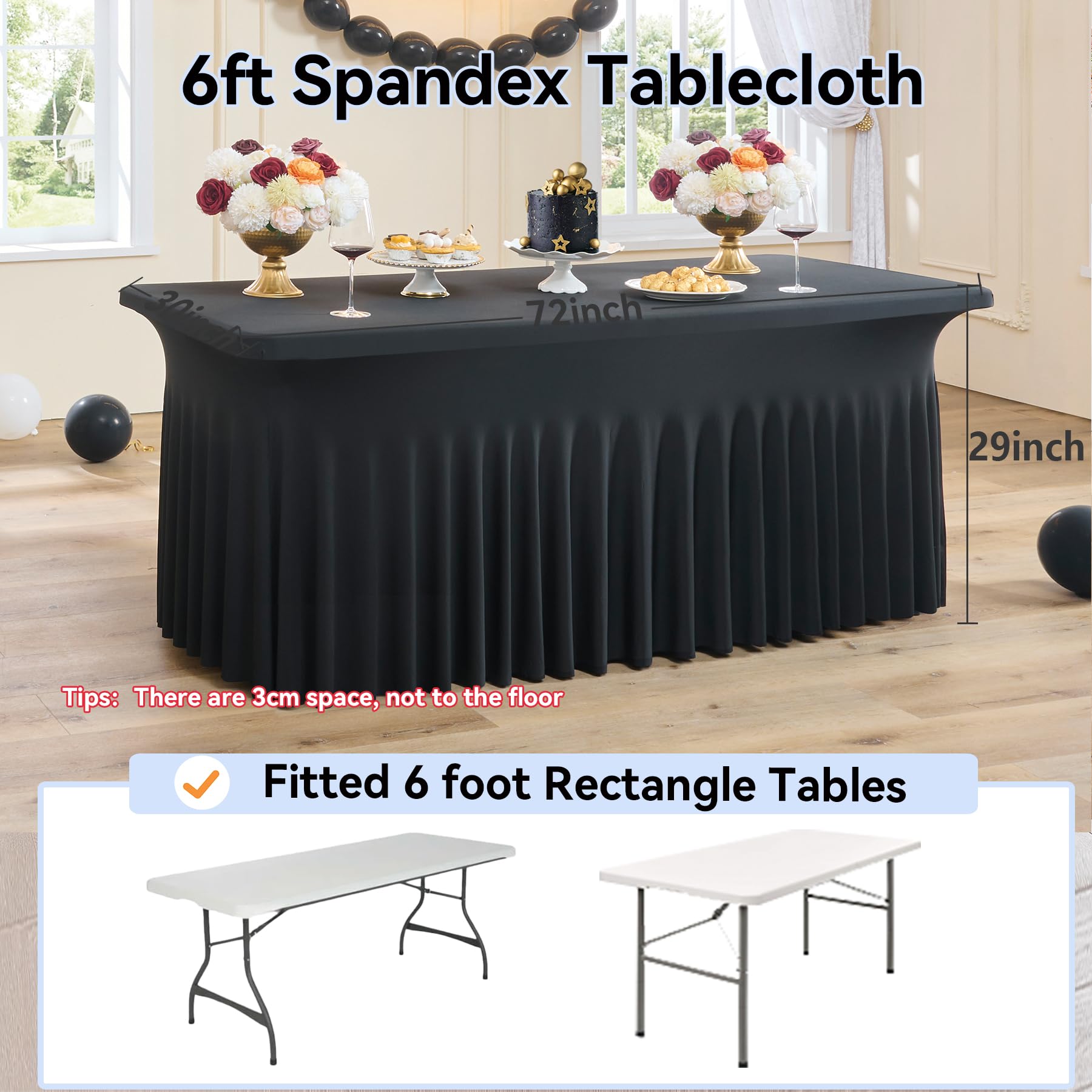NSSONBEN 1pcs Black Spandex Tablecloth for 180cm Rectangular Tables, Wrinkle-free Stretch Tablecloth with Skirt for Banquet, Party, Wedding, Birthday, Meeting, Display, Decoration, Tablecloths