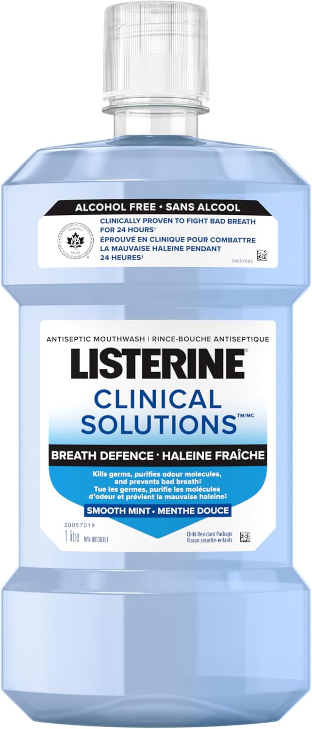 Listerine Clinical Solutions Breath Defence alcohol free mouthwash with odour neutralizing technology that fights bad breath for 24 Hours. Smooth Mint Oral Rinse, 1L