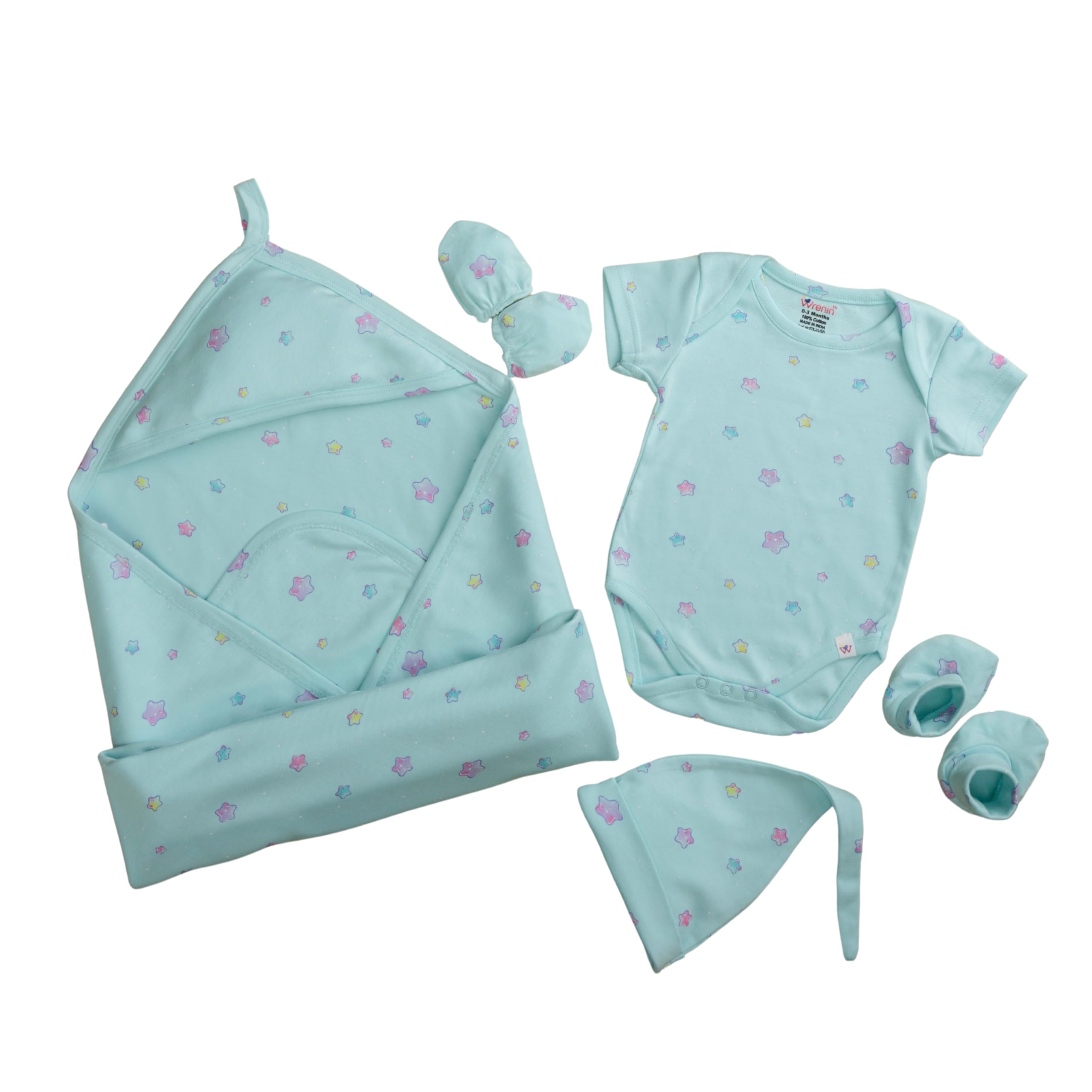 Wrenin Unisex Newborn Baby Kit – 100% Cotton Essentials Set for Baby Boys & Girls | Pattern : Milkyway Snuggle | Color : Turquoise Blue | Size : 0-3 M-image-38