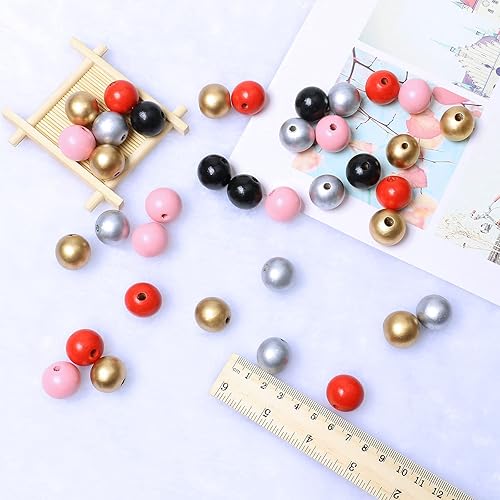 Miniatura 9 de 50 cuentas redondas de madera dorada y roja de 0.787in, cuentas sueltas y lisas, suministros de cuentas espaciadoras para cuentas de granja,