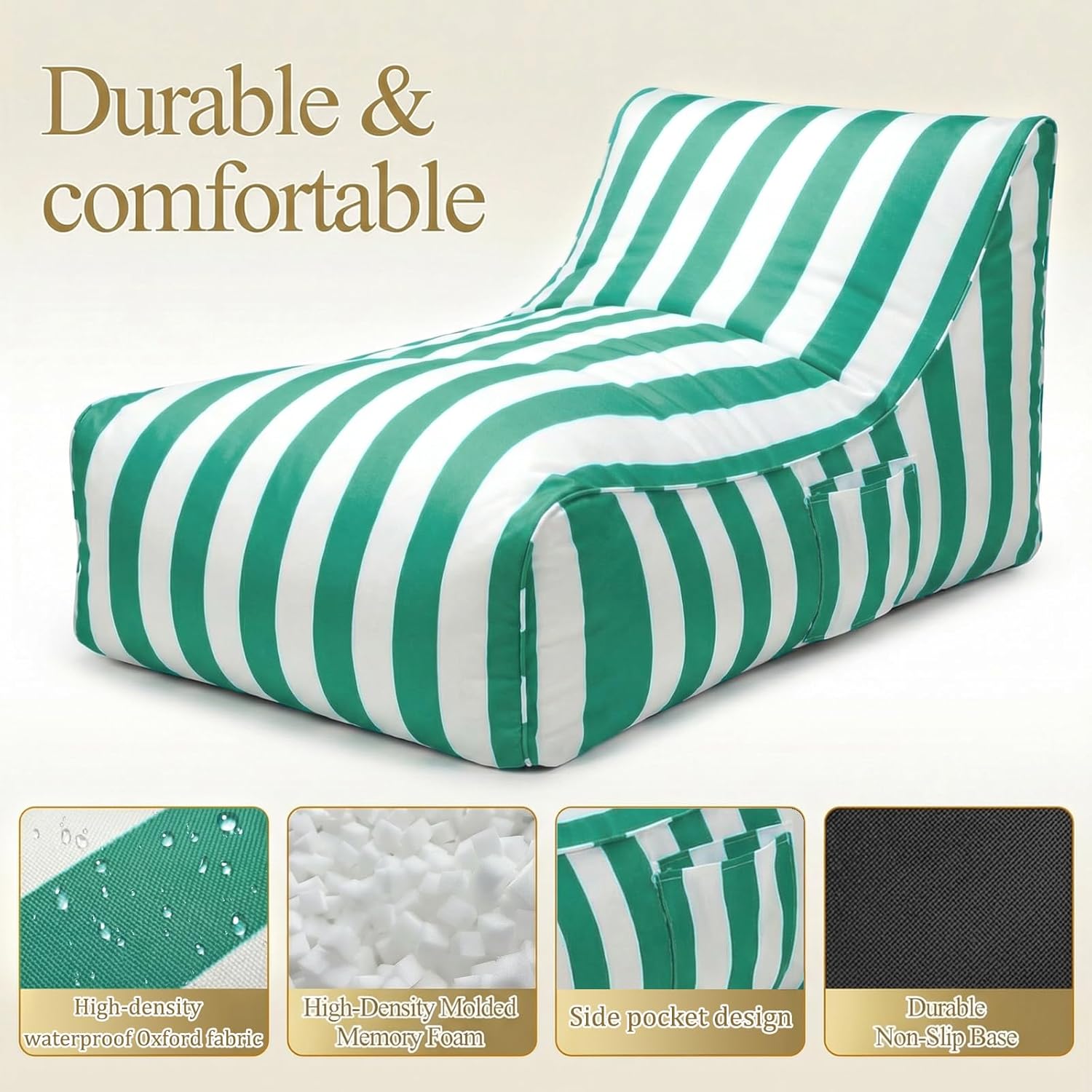 Deep Seating Bean Bag Chair for Adults, Memory Foam with Back Support Panel & Waterproof Fabric, Retains Shape for Yacht, Dock, Patio & Indoor Use, Turquoise