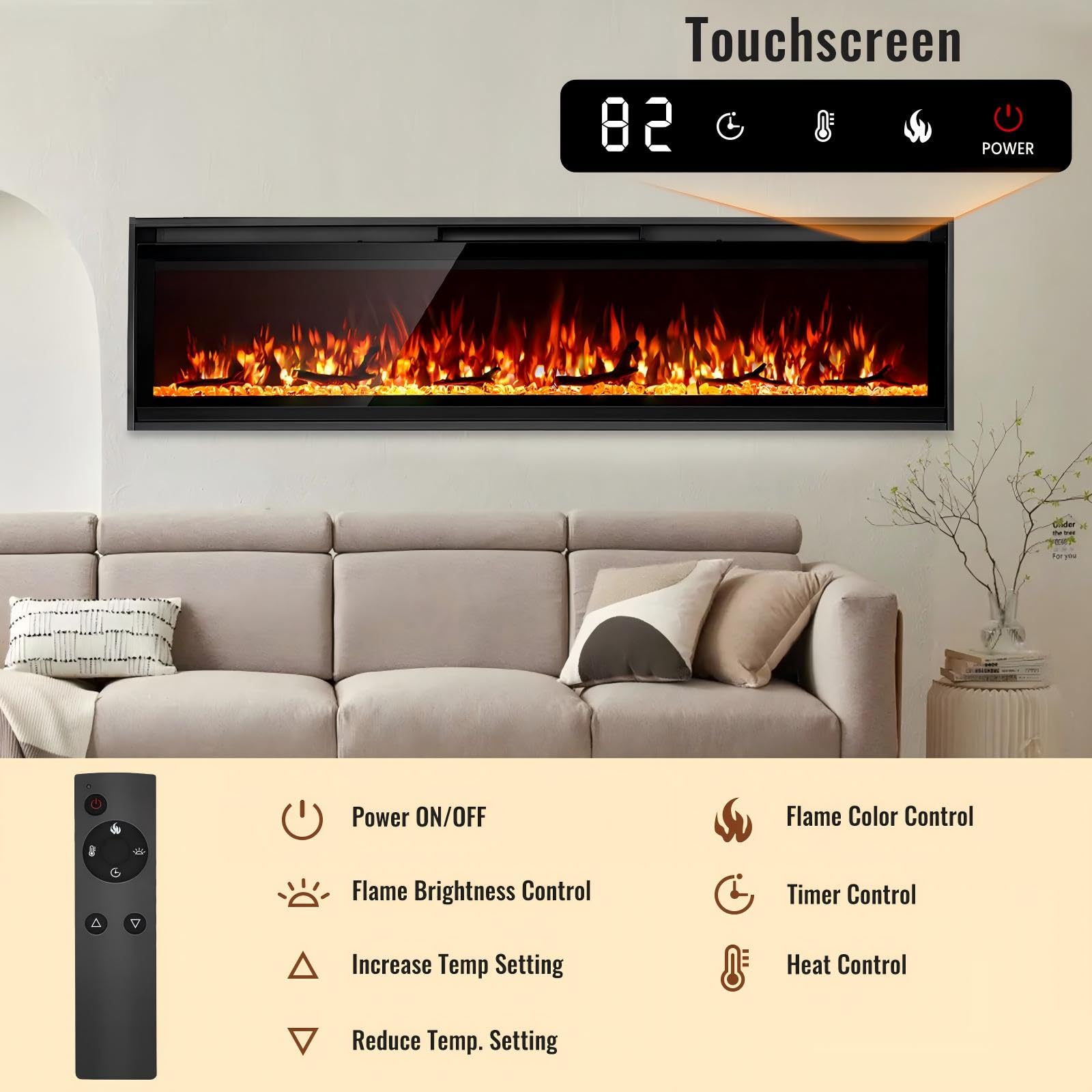 Chimenea eléctrica de 60 pulgadas, chimenea ultrafina montada en la pared con control remoto, llama realista multicolor, pantalla táctil, termostato, temporizador, 750 W/1500 W (tronco y cristal 3