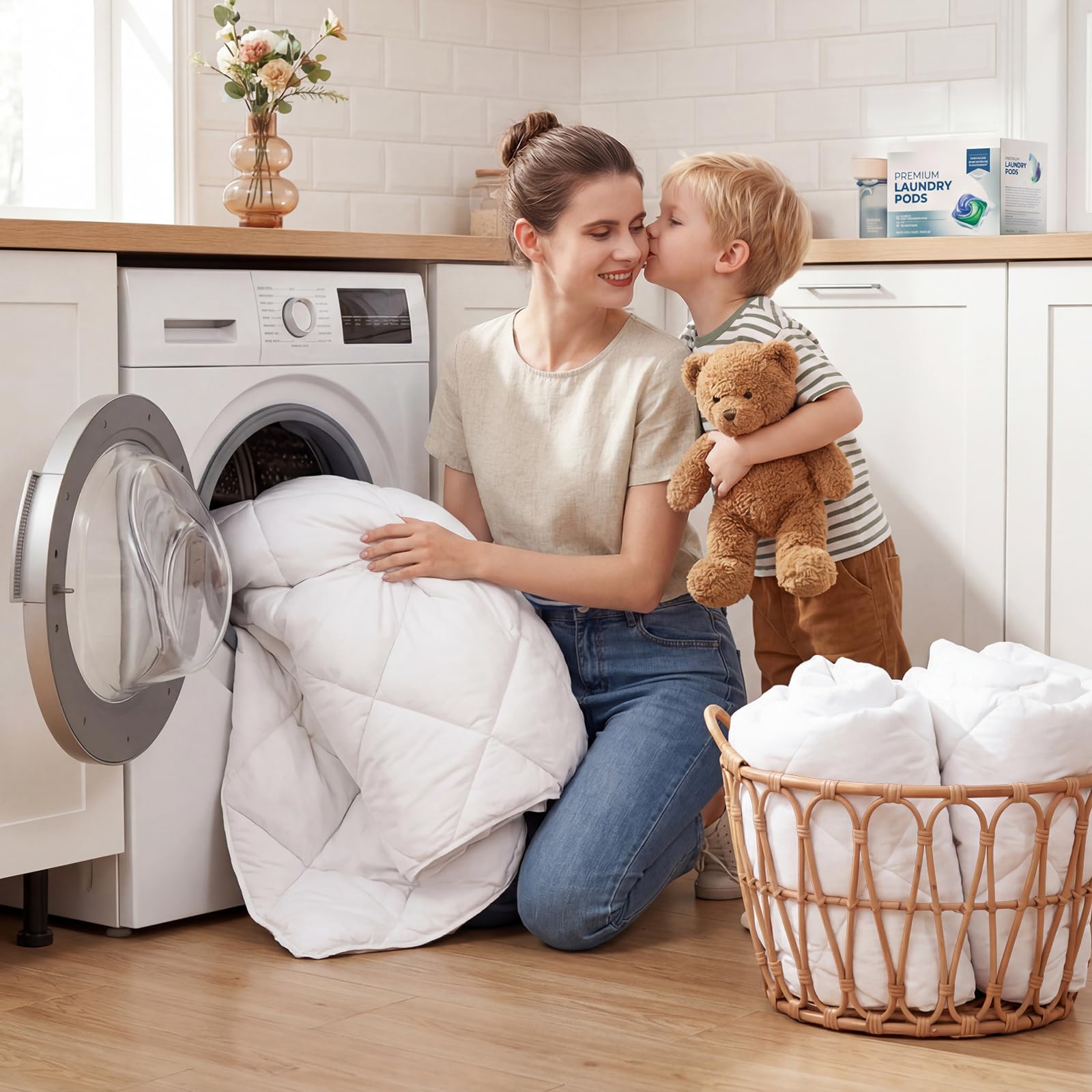 WAVVE Couette 220x240 Ensemble de 2 pièces été 150g/m² + 4 Saisons 300g/m² = Hiver 450g/m² Édredon 2 Personnes Microfibre Blanc