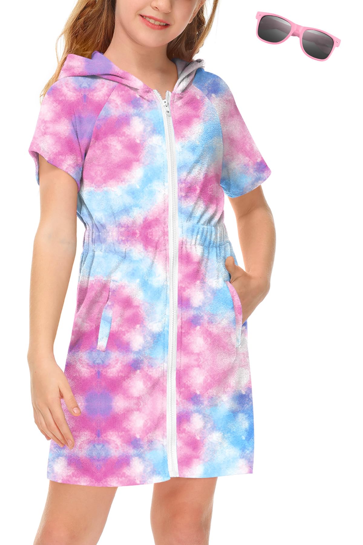 BesserBay Girls Swim Cover Up Beach Bathing Suit Coverups for Swimwear Zip-Up Terry Cloth Robes with Sunglasses 6-14 Years