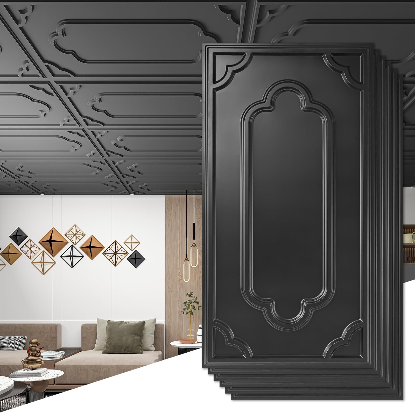 Art3d 12-Pack Drop Ceiling Tiles 2x4 Ft, Decorative PVC Ceiling Covering Panels 24x48 Inch for Basement Bathroom Kitchen, Cover 96 Sq.Ft, Black