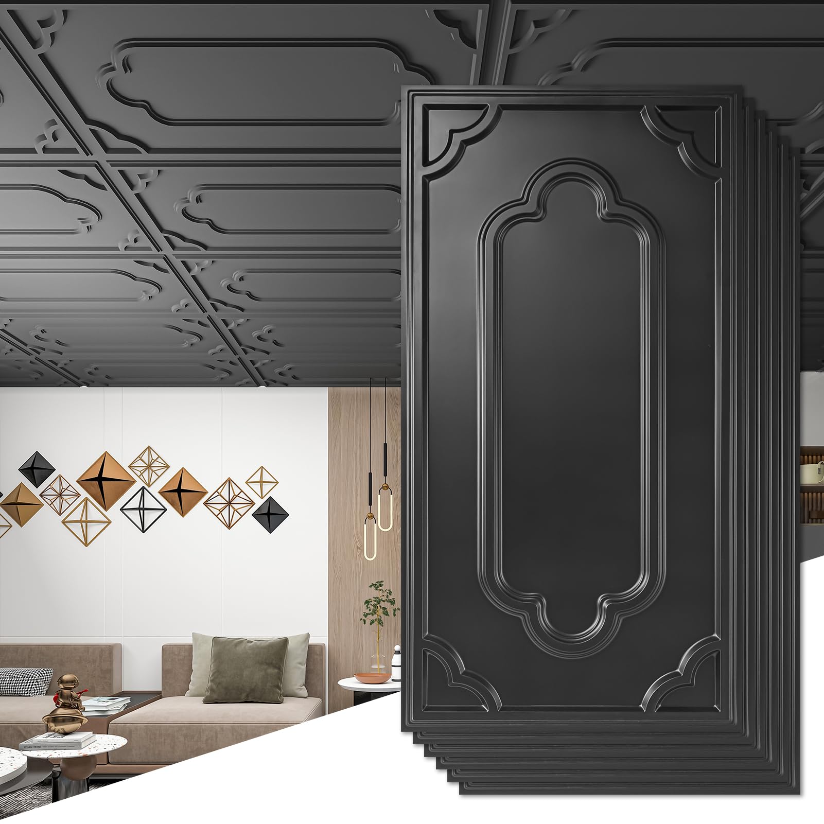 Art3d 12-Pack Drop Ceiling Tiles 2x4 Ft, Decorative PVC Ceiling Covering Panels 24x48 Inch for Basement Bathroom Kitchen, Cover 96 Sq.Ft, BlackClimatePartner certified