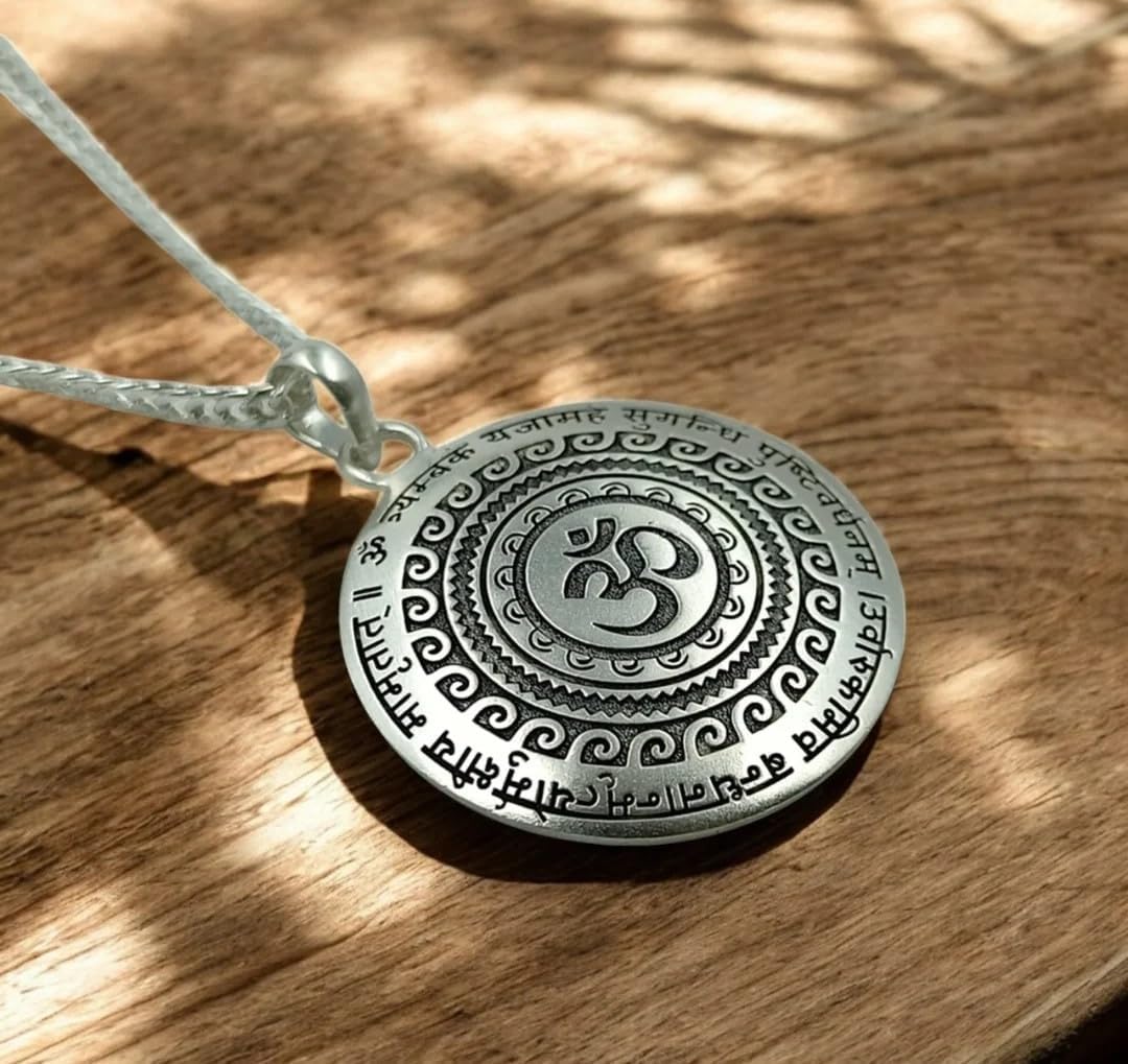 DIVISHA Om Mahamrityunjaya Mantra Pendant with Stainless Steel Chain Spiritual Om Locket for Men and Women Silver Finish Religious Necklace for Meditation Prayer Positive Energy Daily Wear 4