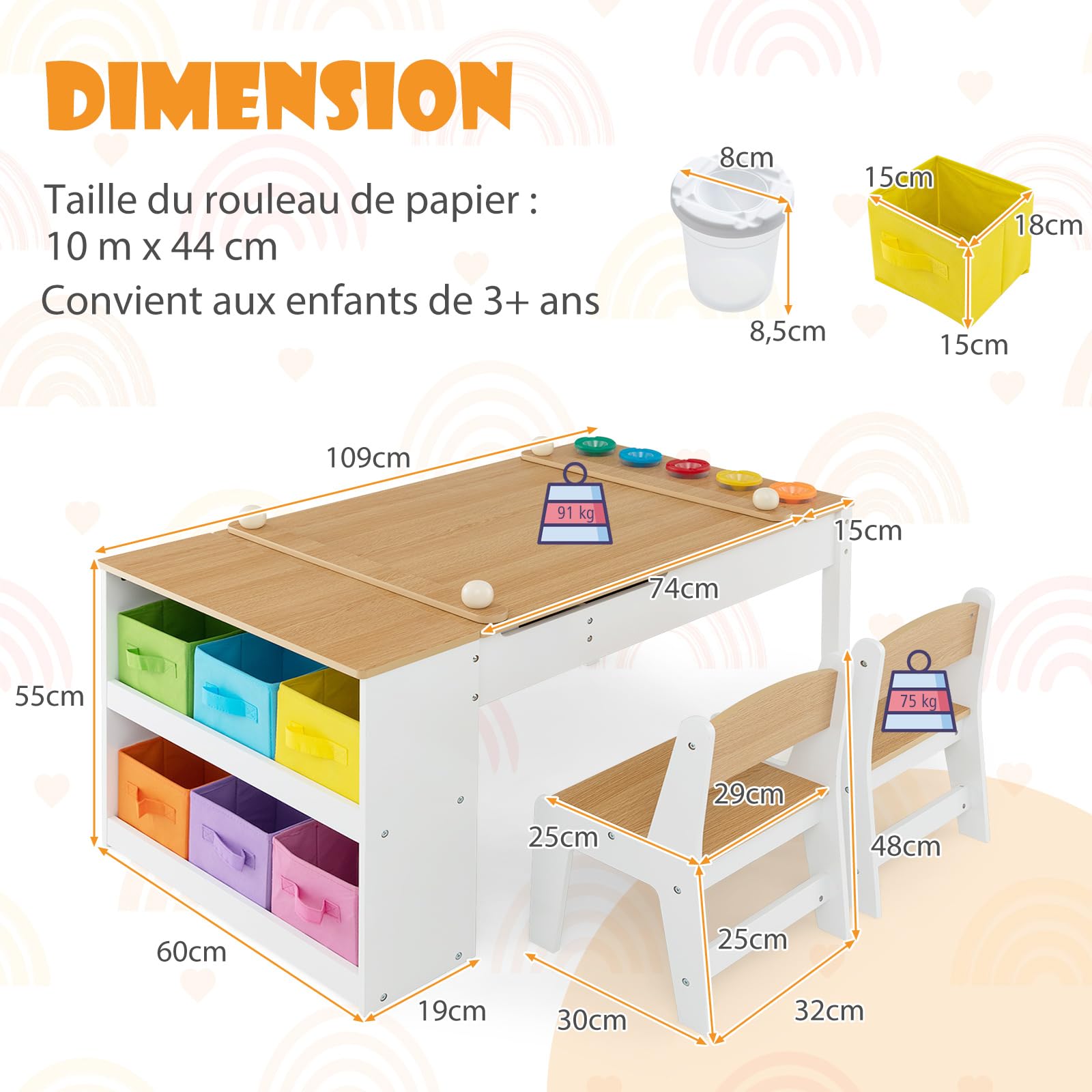 COSTWAY 2 en 1 Table Enfant avec 2 Chaises & Plateau Inclinable, Bureau Enfants en Bois avec 6 Boîtes de Rangement, Charge 91/75kg