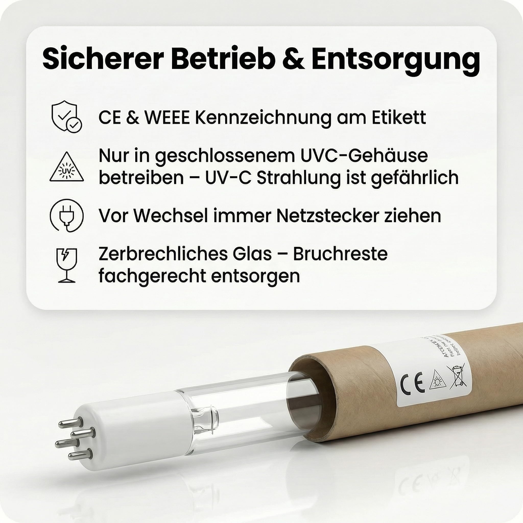 Pondlife Tauch-UVC Amalgam Ersatzröhre 80W, UVC Lampe für Teich, Sockel T5 4‑Pin (Base C), Baulänge inkl. Pins 65,7 cm, Ø 17–18 mm, ca. 16.000 h Brenndauer