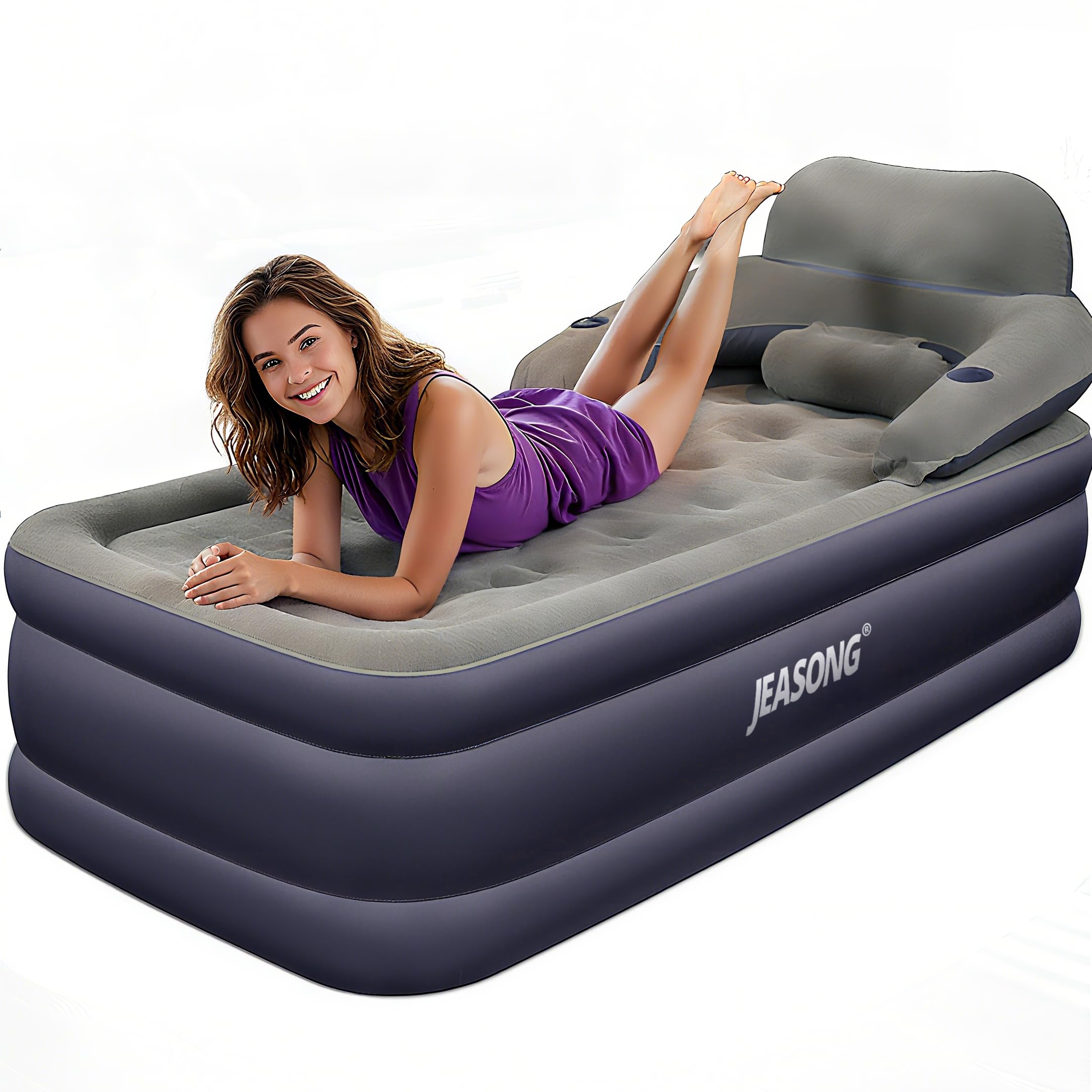 JEASONG Single Air Bed with Detachable Headboard and Cup Holder - 50 cm Height 650lbs Comfort Inflatable Bed for Guests Home Camping & Travel Durable Construction,Colchón Inflable, Air Mattress