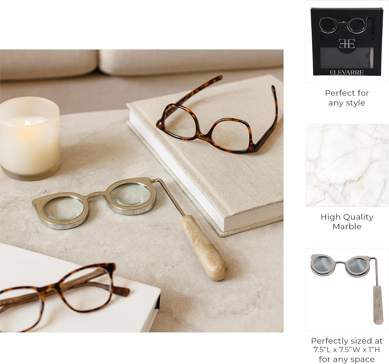 Modern Magnifying Glass in Eyeglass with Handle Design - Stylish Home Decor Accent for Shelf, Coffee Table, and Living Room Decor - Chic Ornaments Office, Room, and Bathroom Decor - 1", Silver & Gray