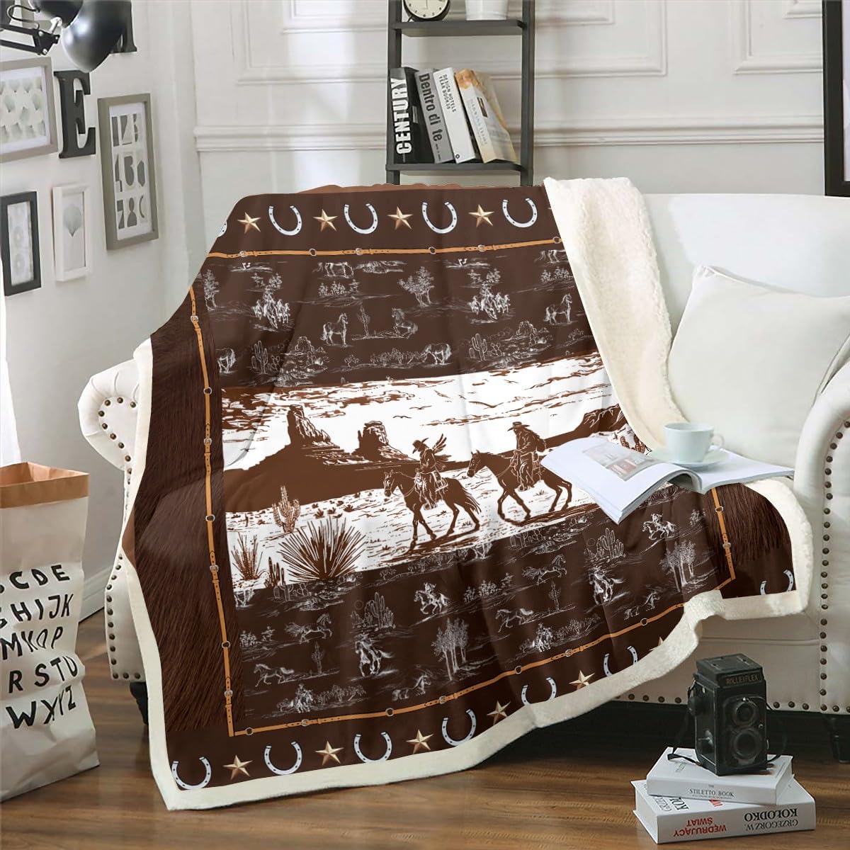 Feelyou Western Aztec Fleece Throw Blanket Twin 60"x80" Horse Cowboy Sherpa for Boys Men Kids Teens Rustic Western Decor Country Wild West Down Plush Black and White Fuzzy Blanket
