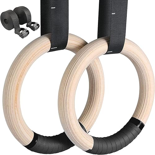 LIFERUN Anillos de gimnasia, anillos olímpicos de madera de 1100 libras con hebilla de metal ajustable, correas de 16.7 pies de largo, anillos de