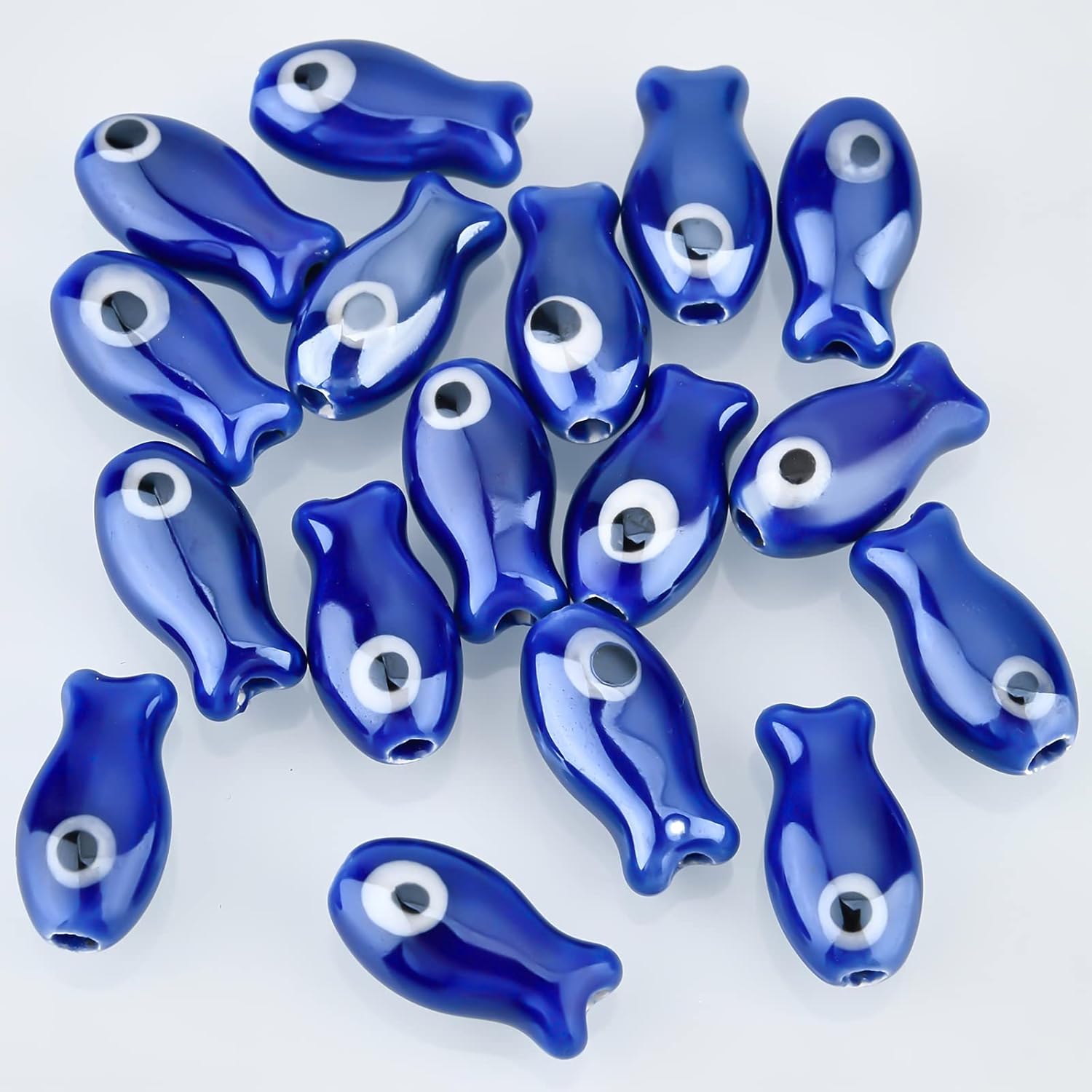 NBEADS About 17 Pcs Porcelain Ceramic Fish Evil Eye Beads 3/4×3/8", Blue Evil Eye Charms Glazed Porcelain Turkish Loose Beads for Bracelet Earring Necklace DIY Jewelry Making - Image 4