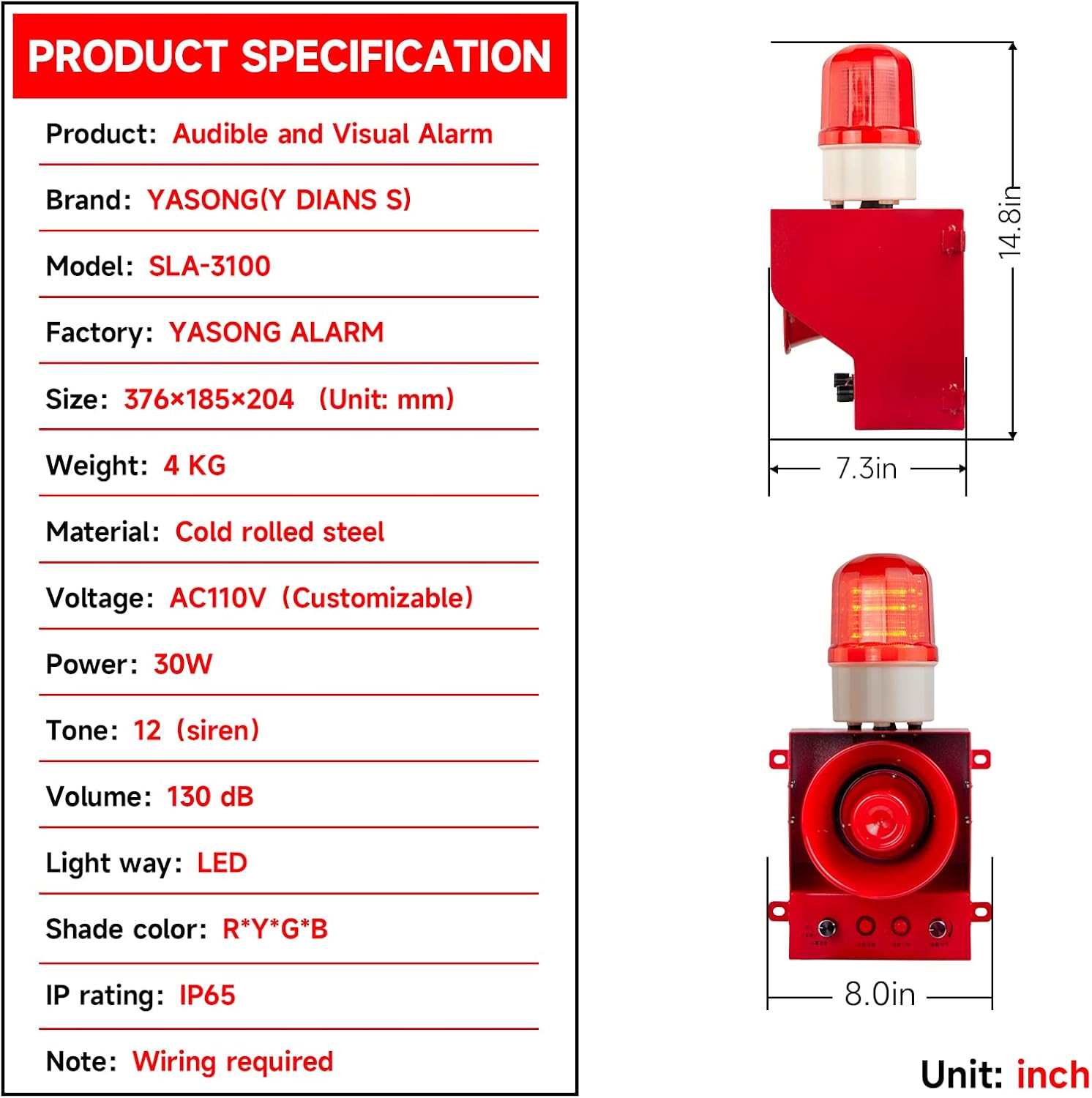 Recordable Alarm Siren 30W 130dB Loud Horn Adjust Volume Tone Waterproof Security Button Siren with Microphone for School, Dock, Factory and House SLB-3100 AC110-120V