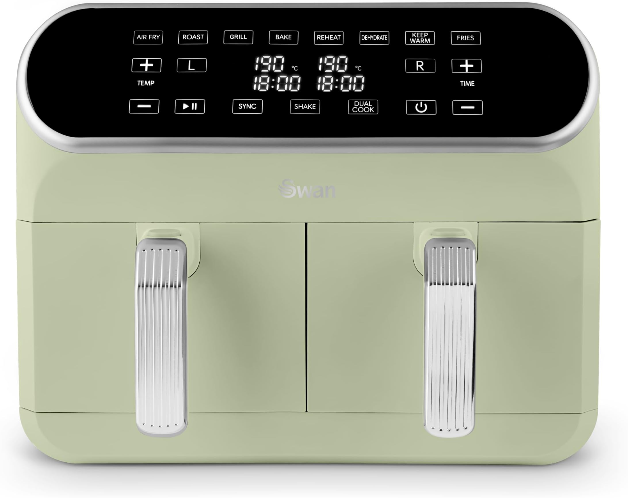 Swan SD10519G Retro Dual Basket Air Fryer with Swan Cyclone Technology, LED Display, 8 Pre-Set Cooking Options, 8L, 1700W, Retro Green