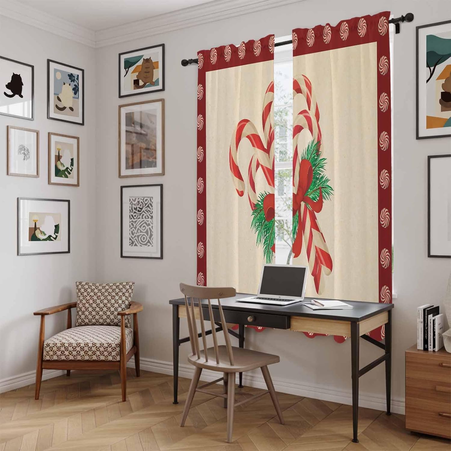 Christmas Window Curtains 72 Inch Long 2 Panel Set, Rod Pocket Long Curtains & Drapes, Xmas Candy Cane Winter Bow Pine Branch Light Filtering Window Treatment for Bedroom Living Room 52"W x 72"L