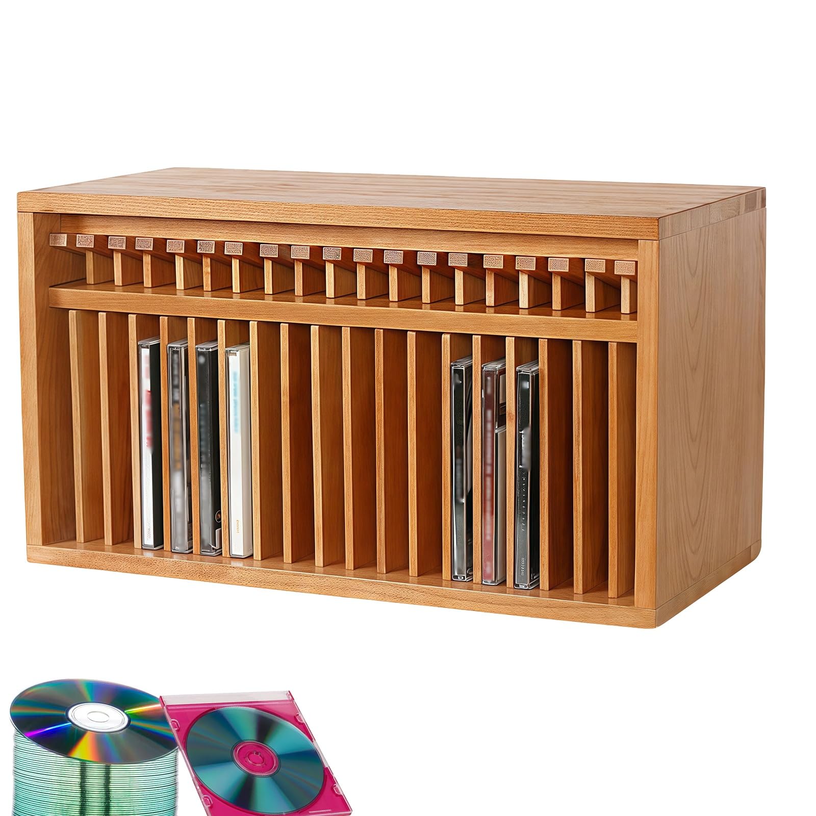 Scaffale porta CD in legno, 19 scomparti, organizer da scrivania per DVD e CD, stile vintage, ideale per casa e ufficio